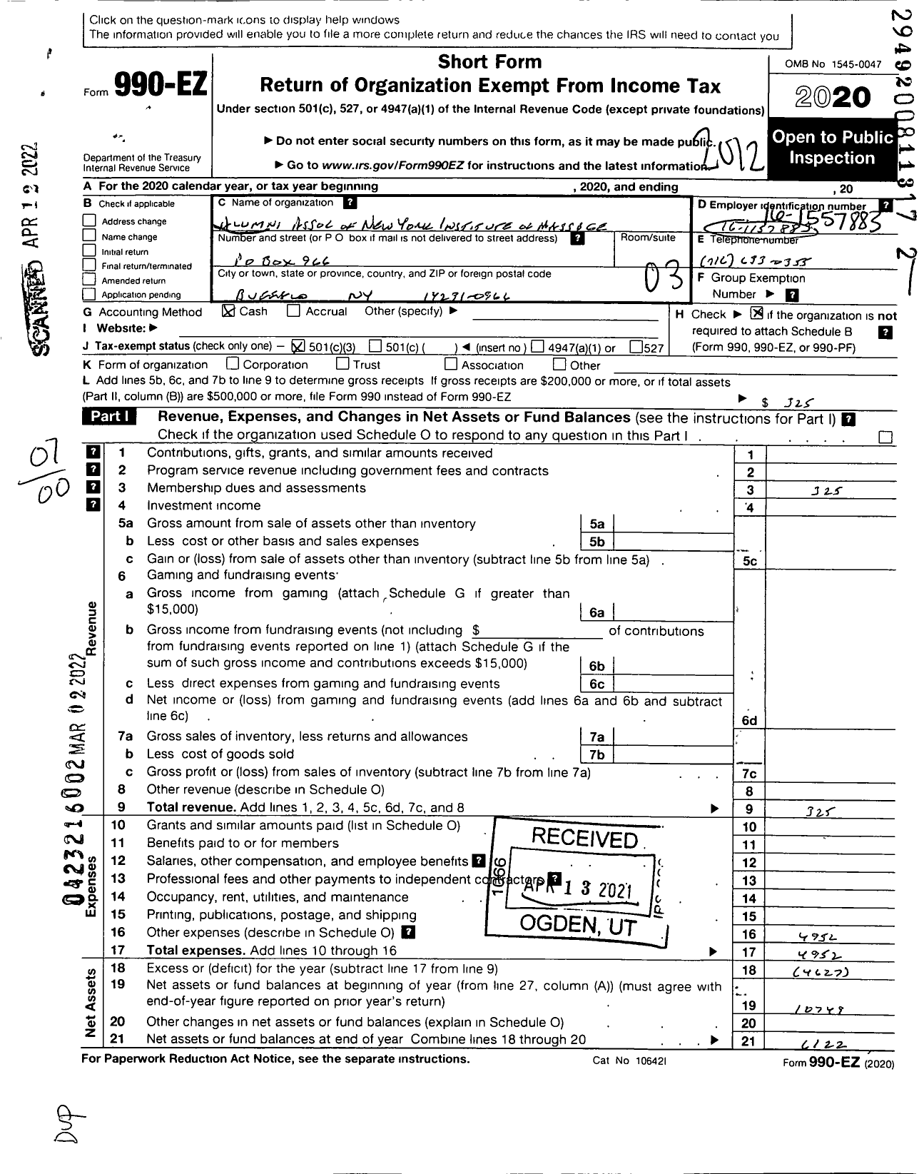 Image of first page of 2020 Form 990EO for Alumni Association of New York Institute of Massage