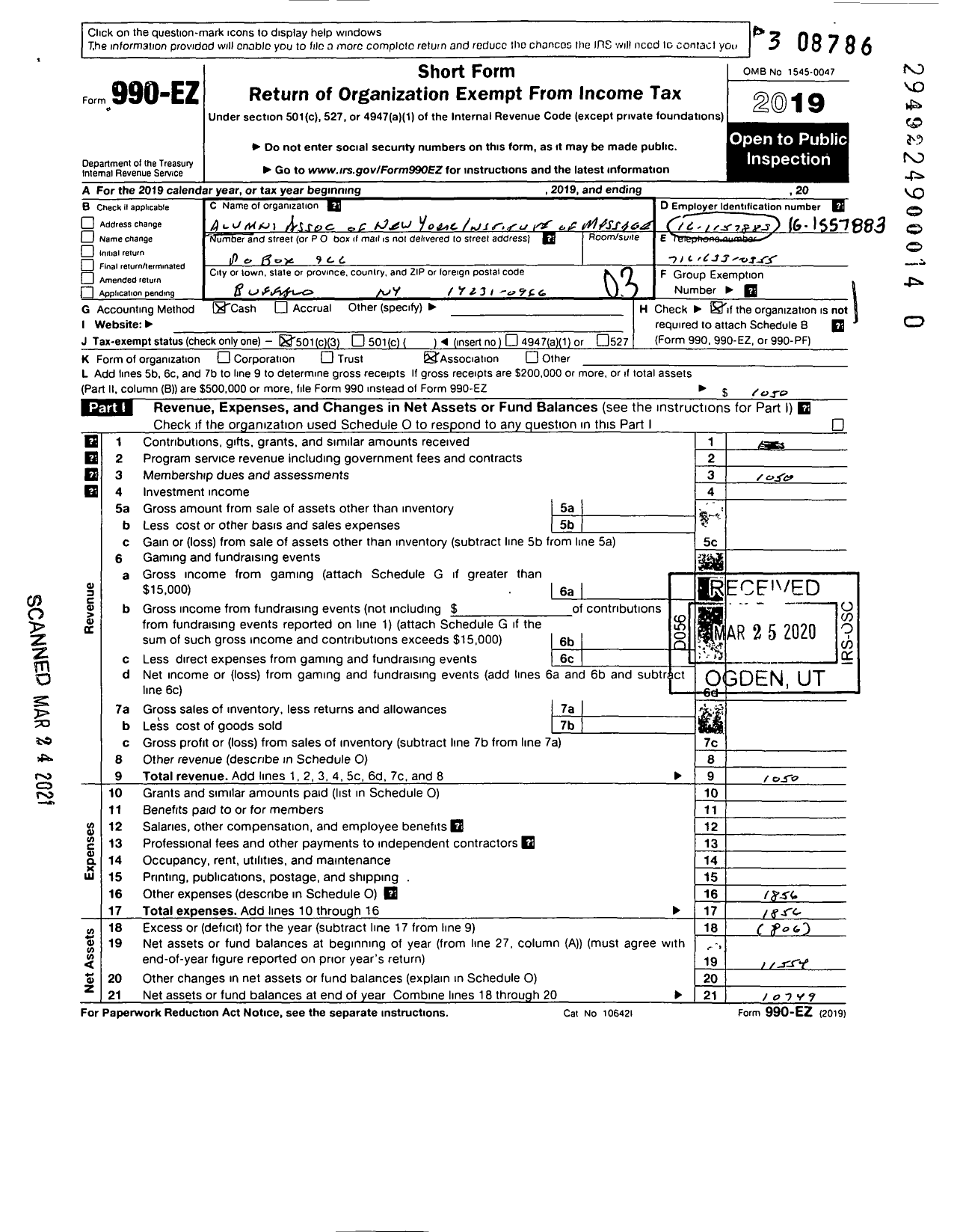 Image of first page of 2019 Form 990EZ for Alumni Association of New York Institute of Massage