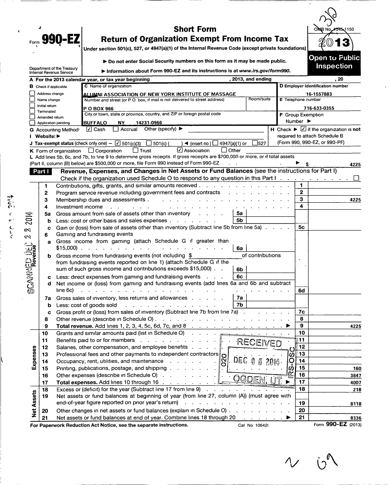 Image of first page of 2013 Form 990EZ for Alumni Association of New York Institute of Massage