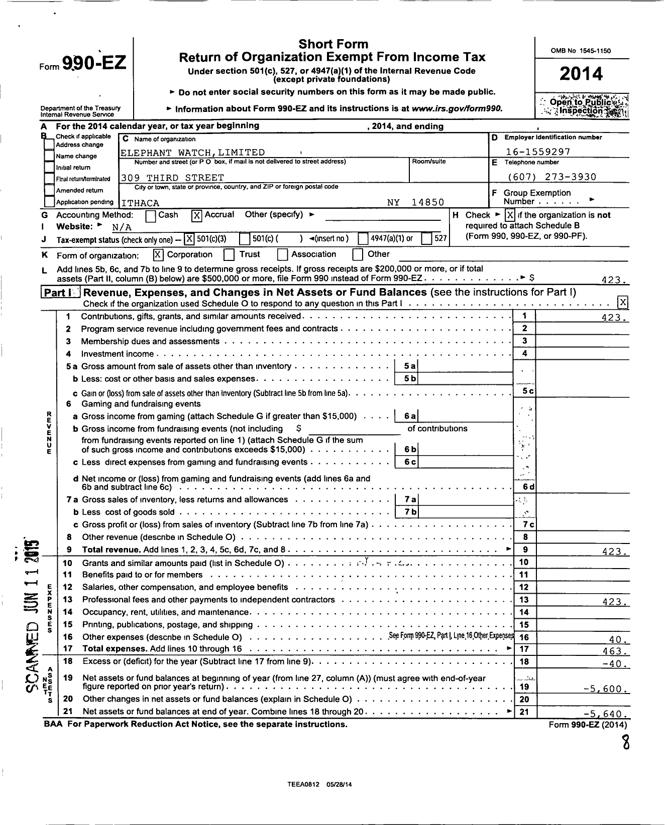 Image of first page of 2014 Form 990EZ for Elephant Watch Limited