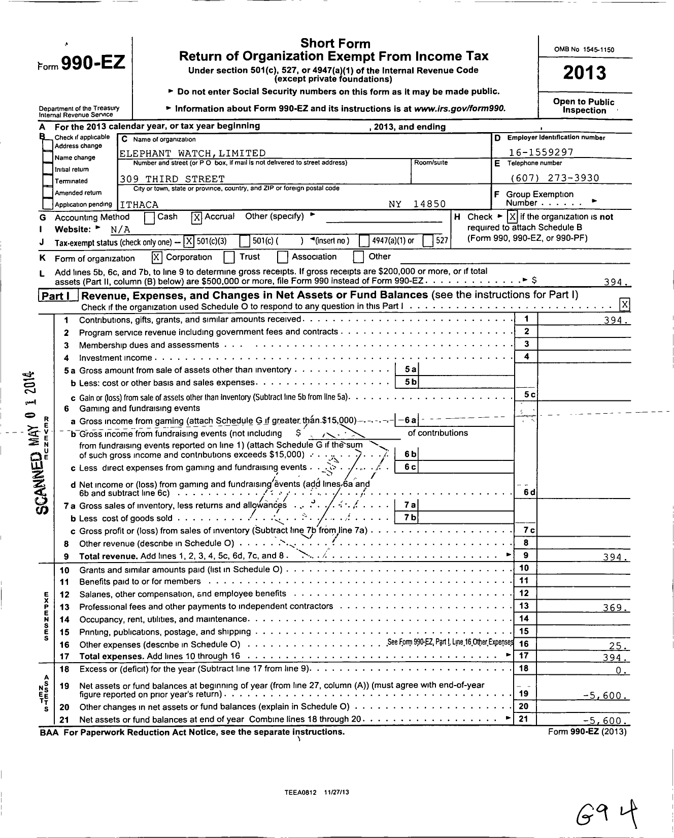 Image of first page of 2013 Form 990EZ for Elephant Watch Limited
