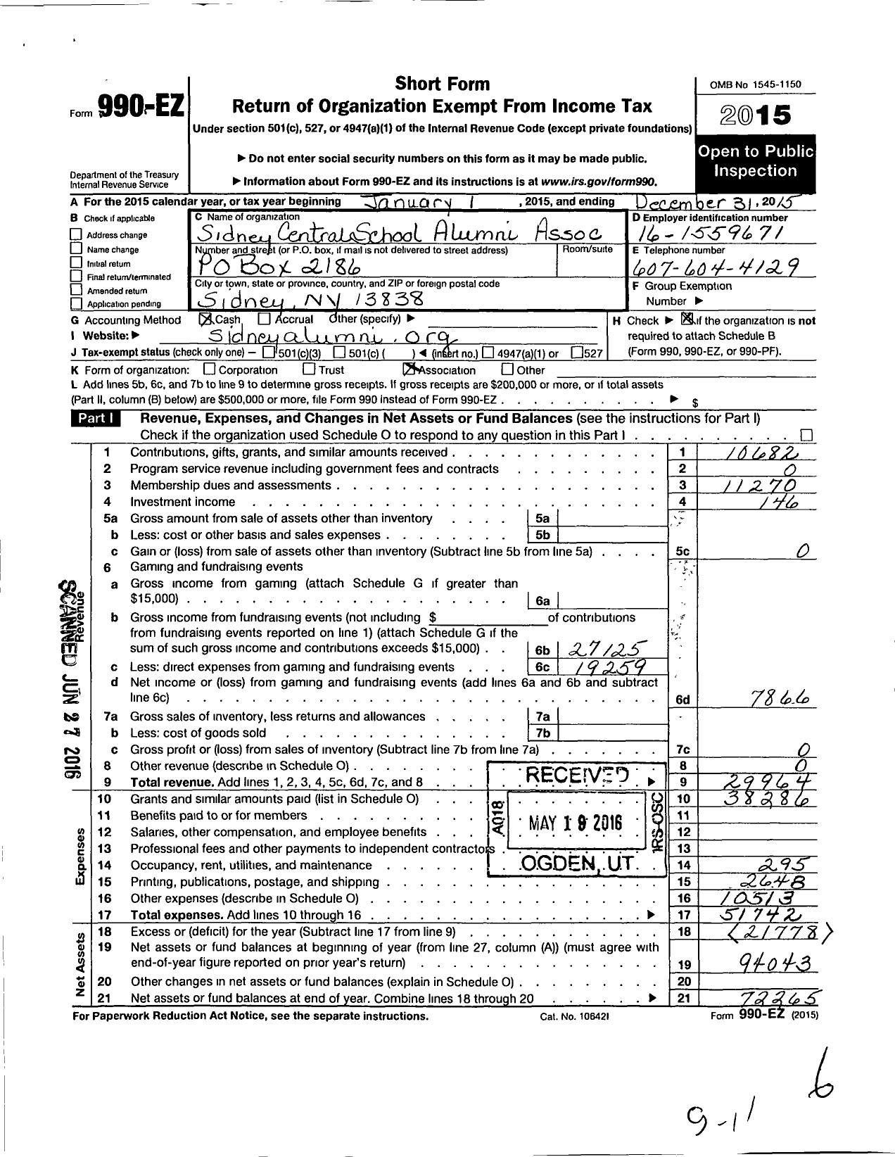 Image of first page of 2015 Form 990EO for Sidney Central School Alumni Association