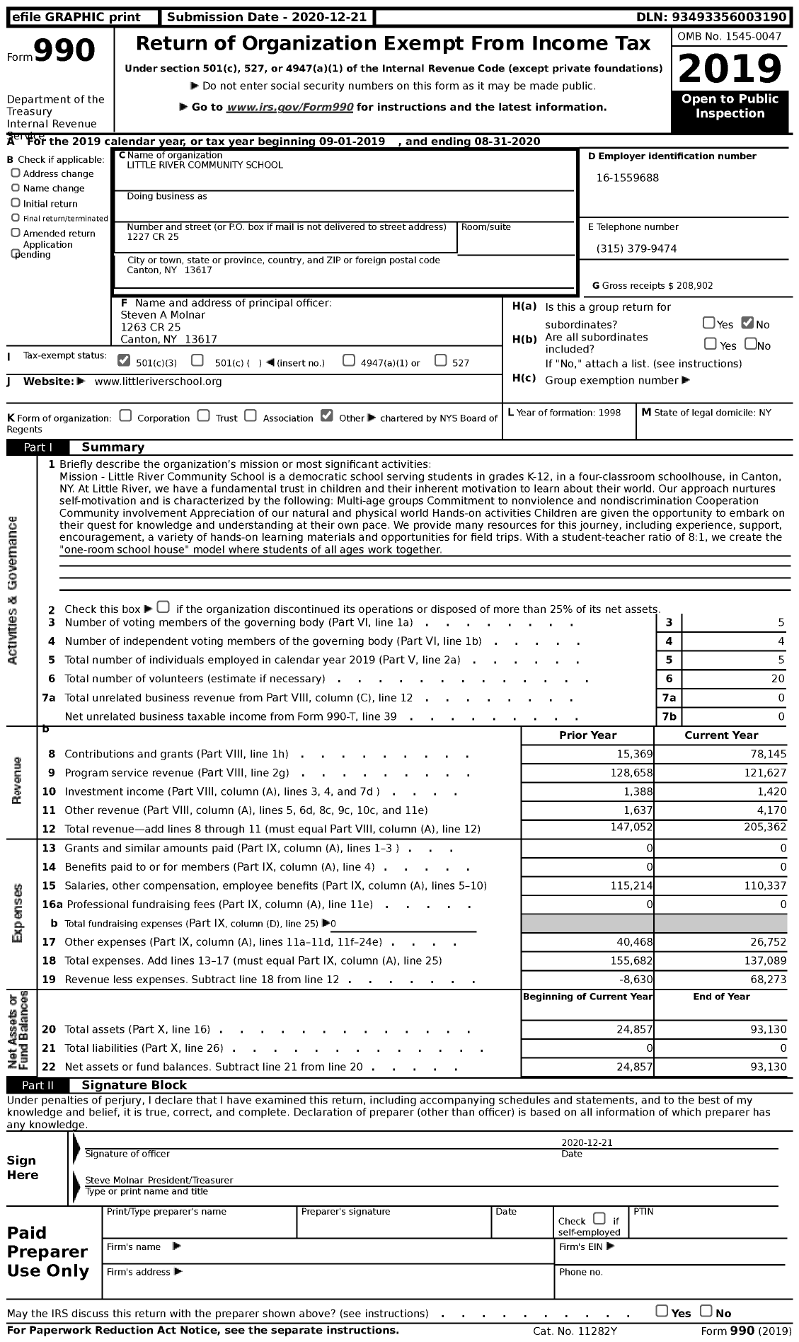 Image of first page of 2019 Form 990 for Little River Community School