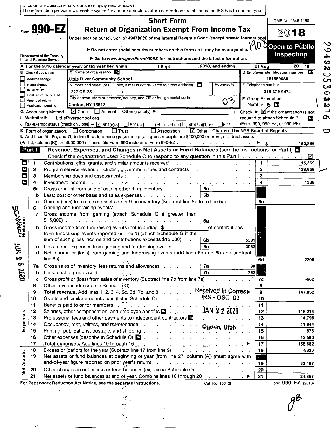 Image of first page of 2018 Form 990EZ for Little River Community School