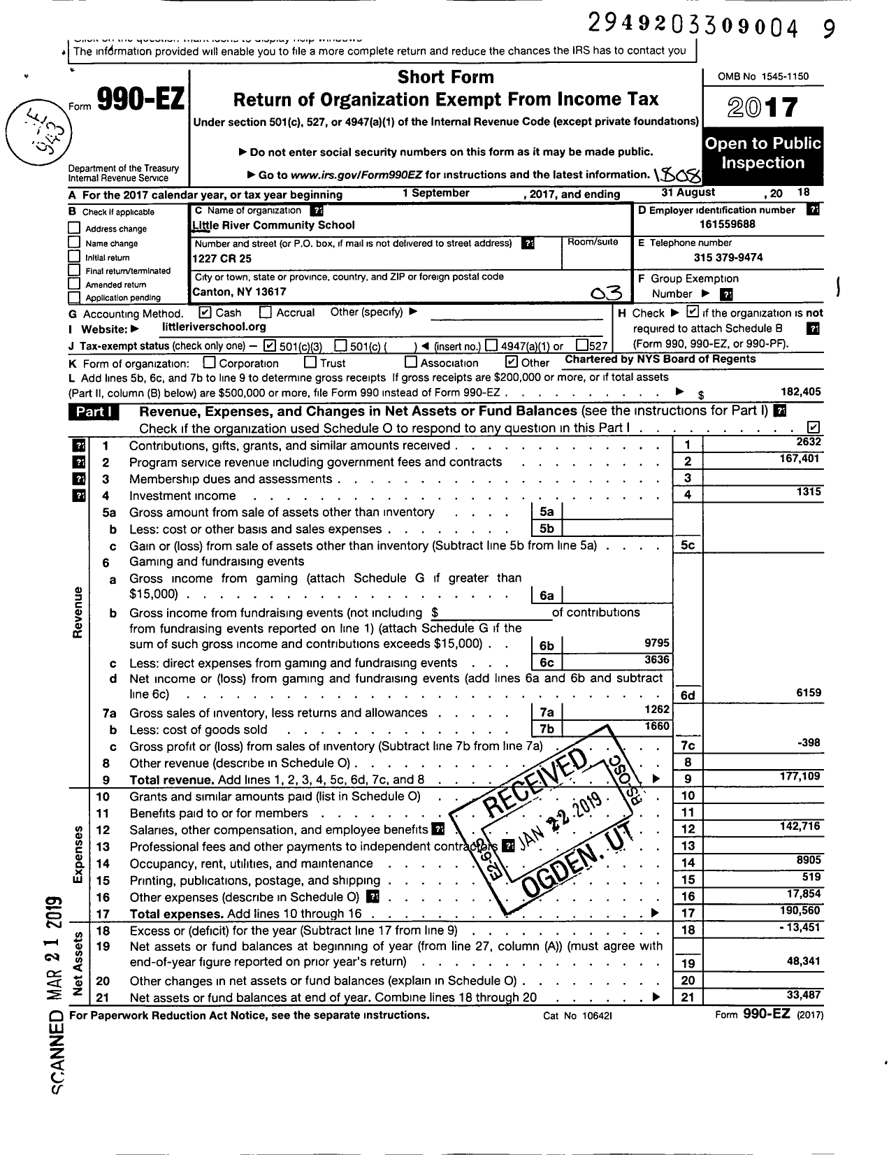 Image of first page of 2017 Form 990EZ for Little River Community School