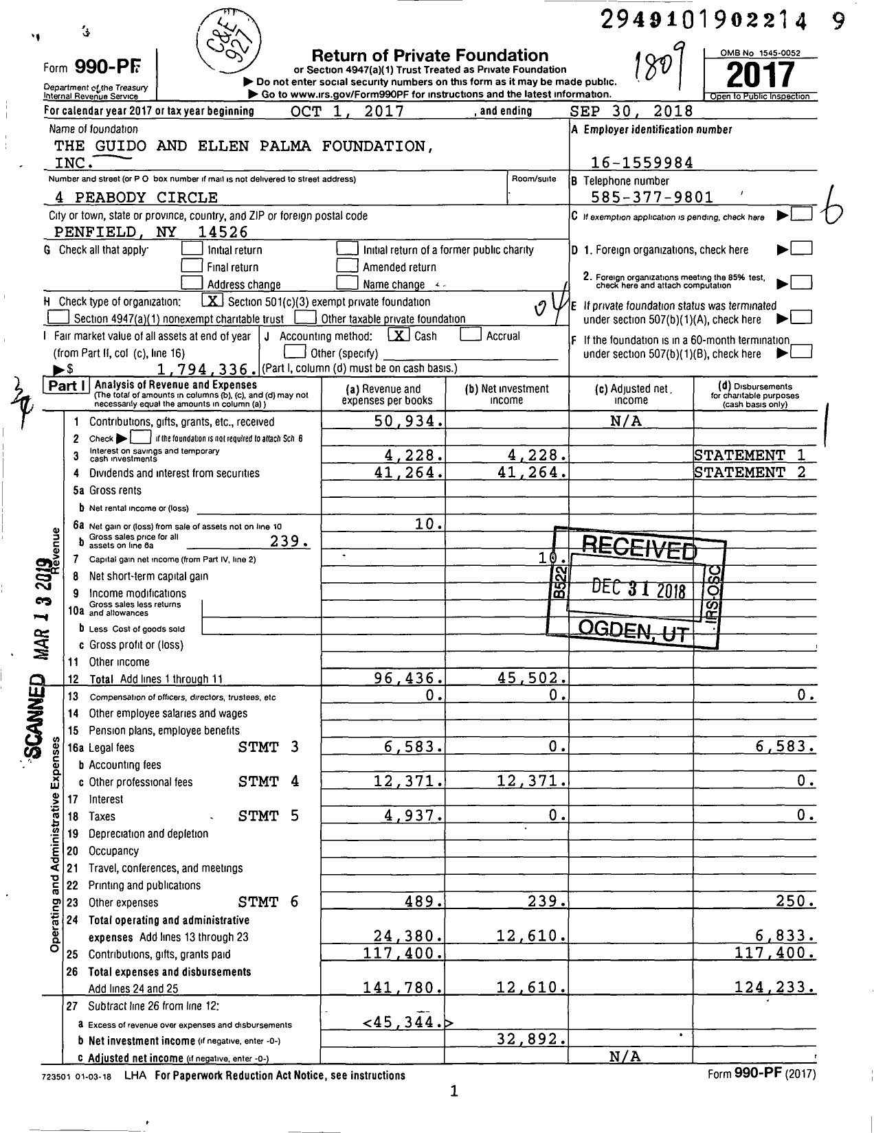 Image of first page of 2017 Form 990PF for The Guido and Ellen Palma Foundation