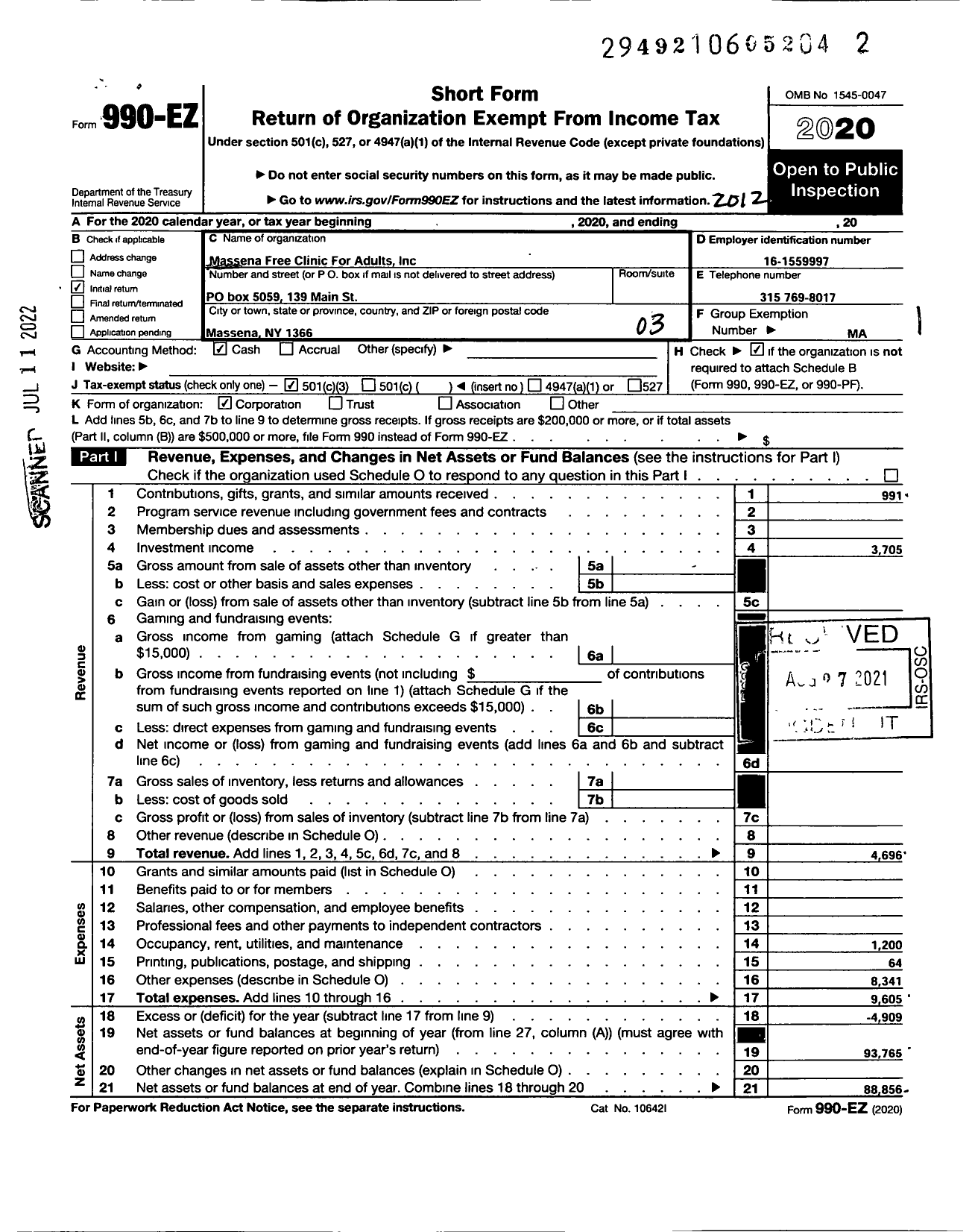 Image of first page of 2020 Form 990EZ for Massena Free Clinic for Adults