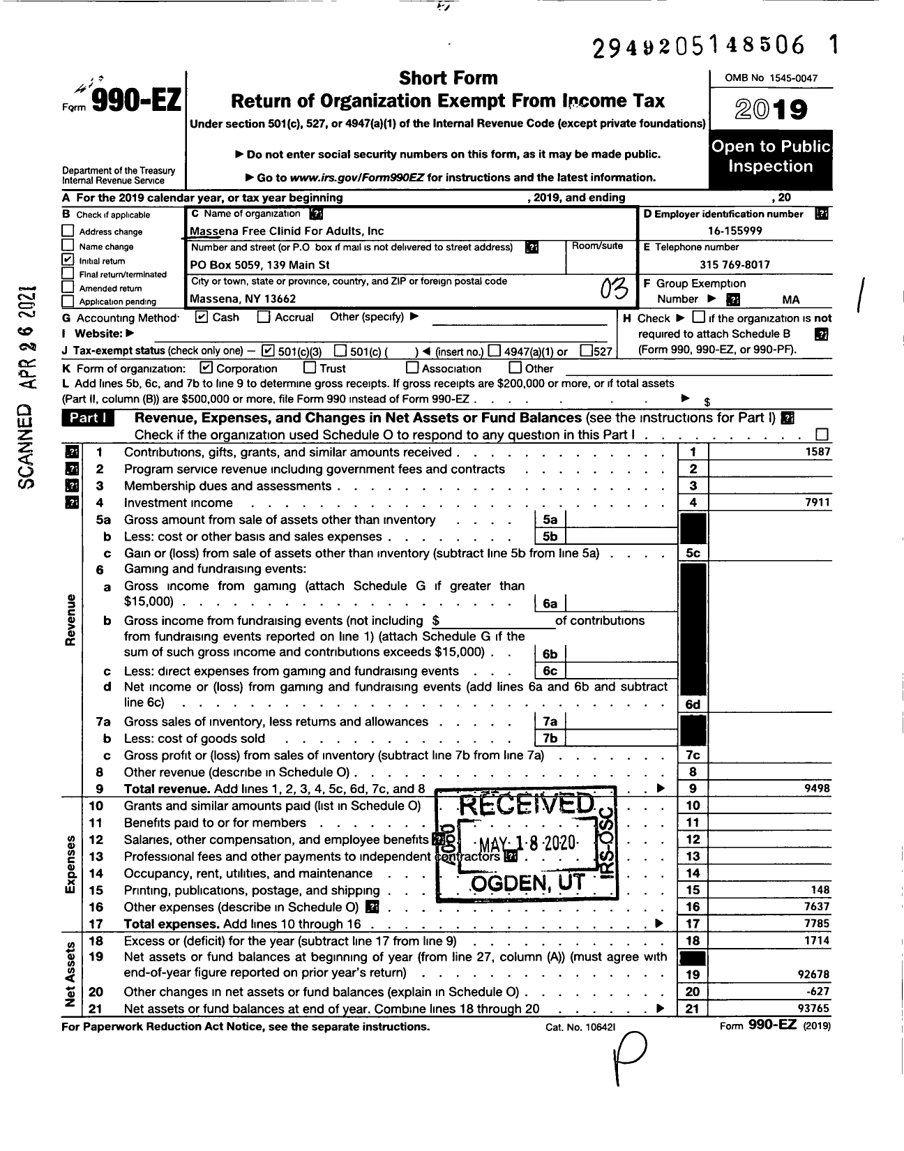 Image of first page of 2019 Form 990EZ for Massena Free Clinic for Adults