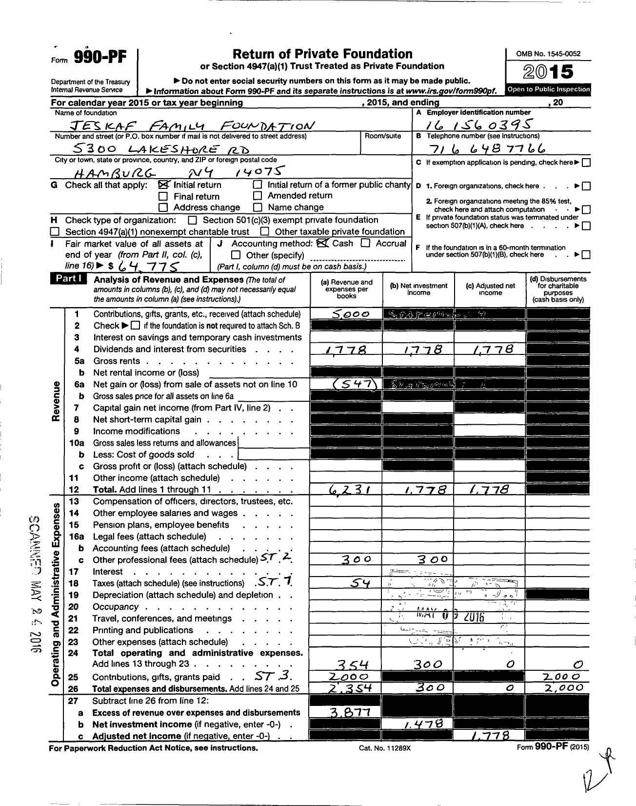 Image of first page of 2015 Form 990PF for Jeskaf Family Foundation