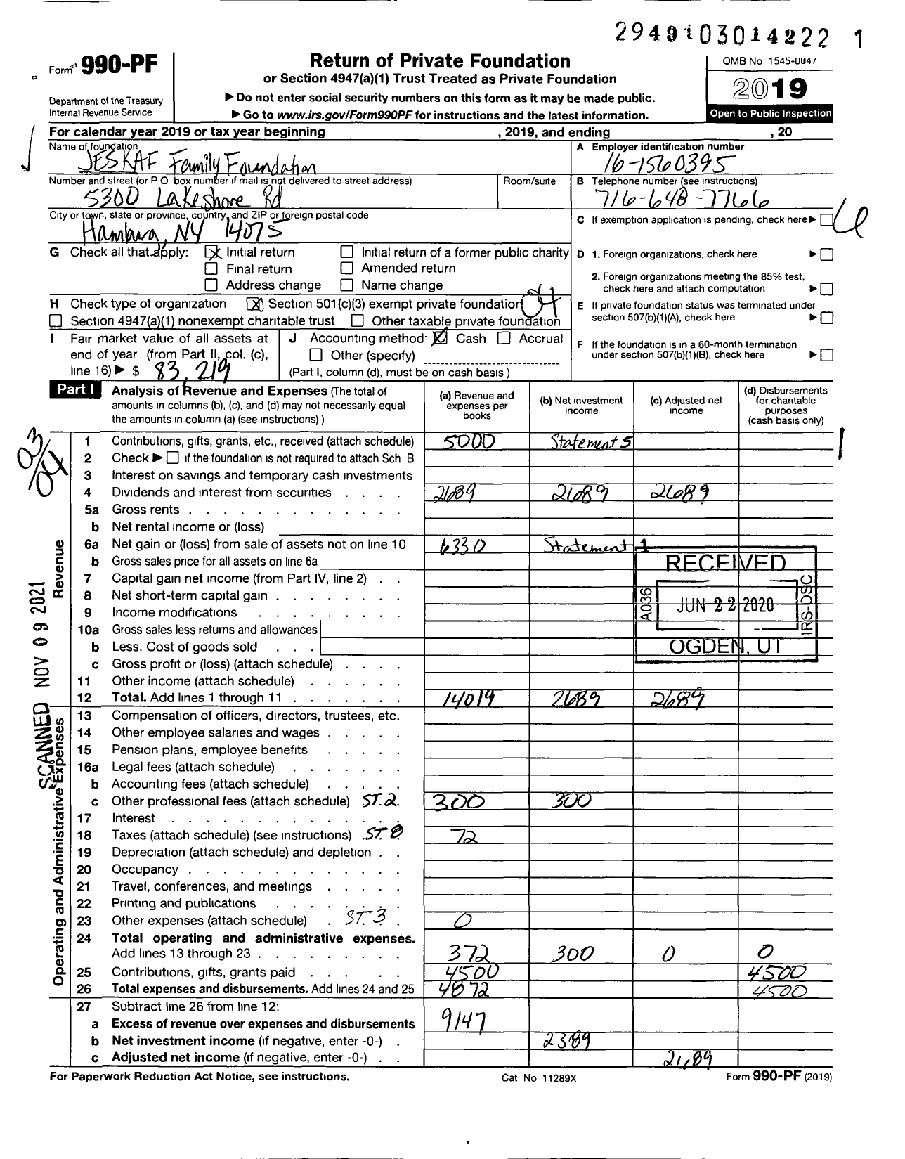 Image of first page of 2019 Form 990PF for Jeskaf Family Foundation