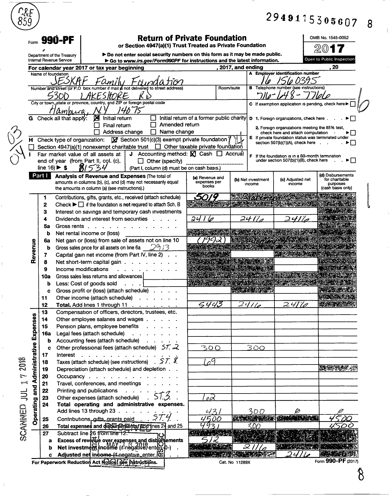 Image of first page of 2017 Form 990PF for Jeskaf Family Foundation