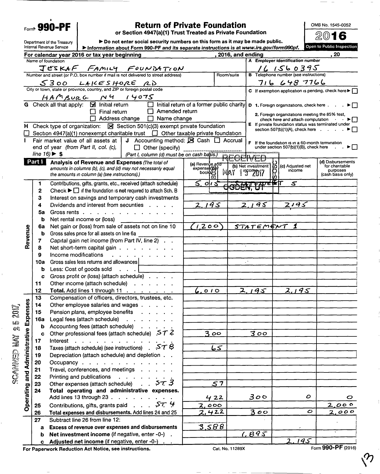 Image of first page of 2016 Form 990PF for Jeskaf Family Foundation