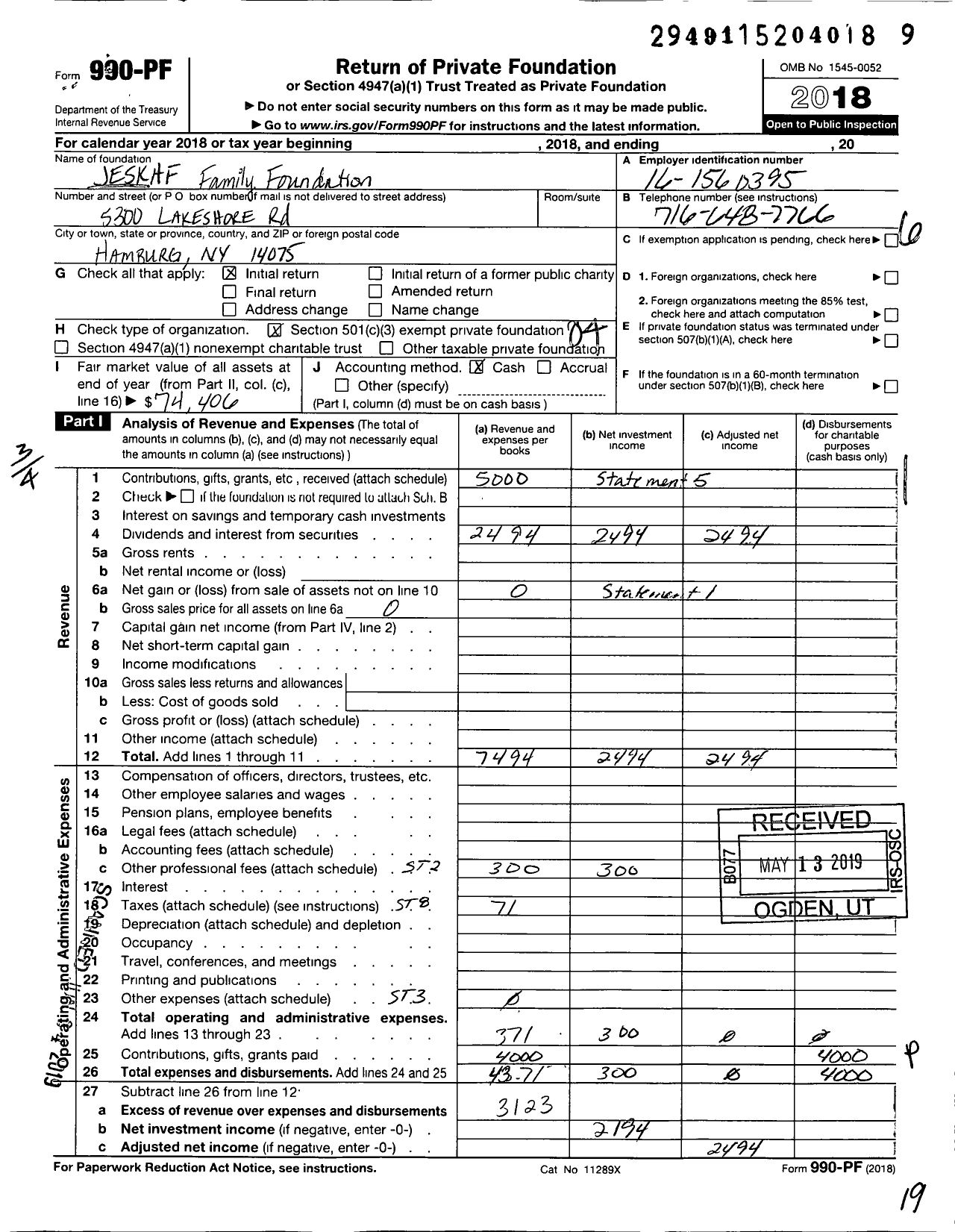 Image of first page of 2018 Form 990PF for Jeskaf Family Foundation