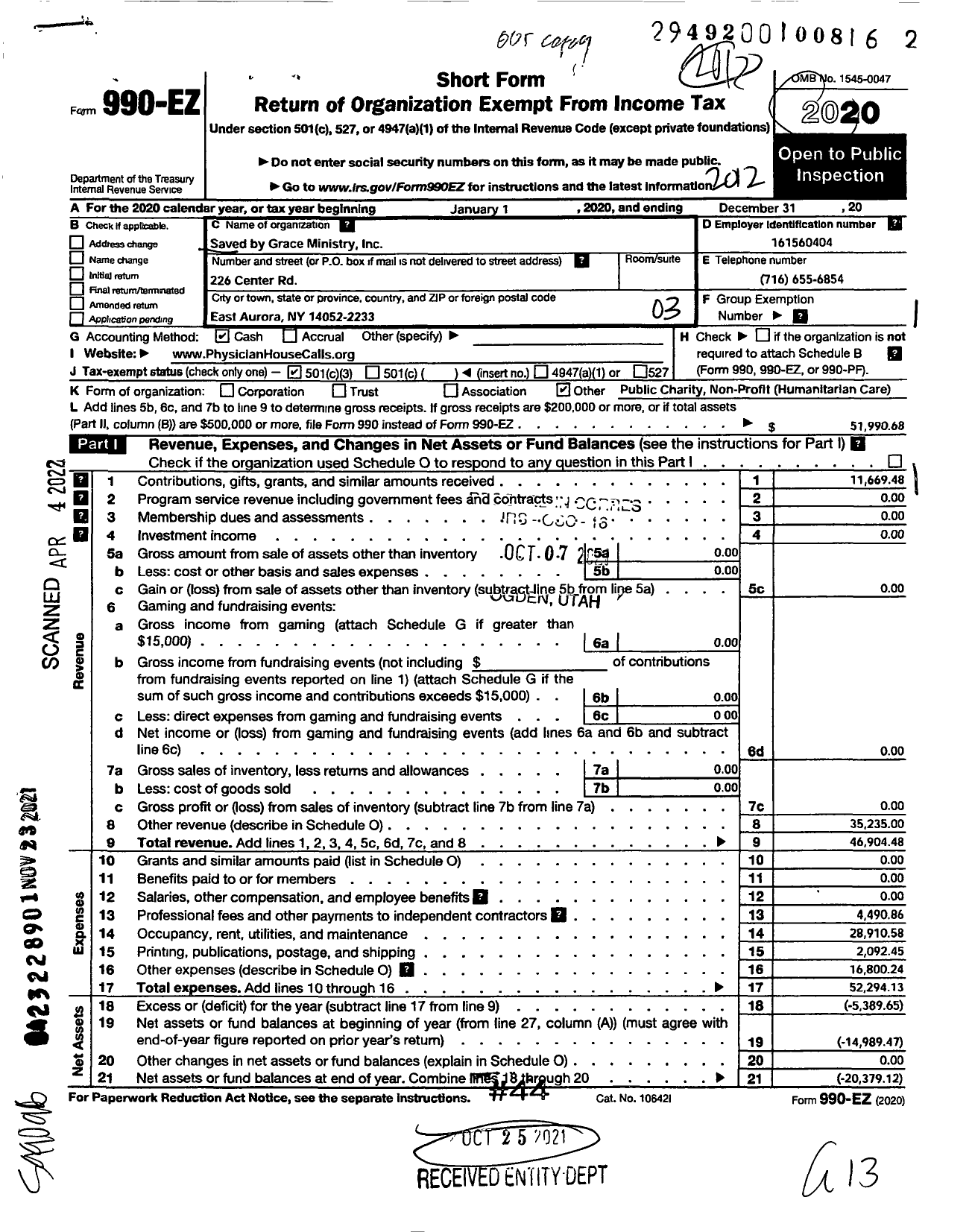 Image of first page of 2020 Form 990EZ for Saved By Grace Ministry