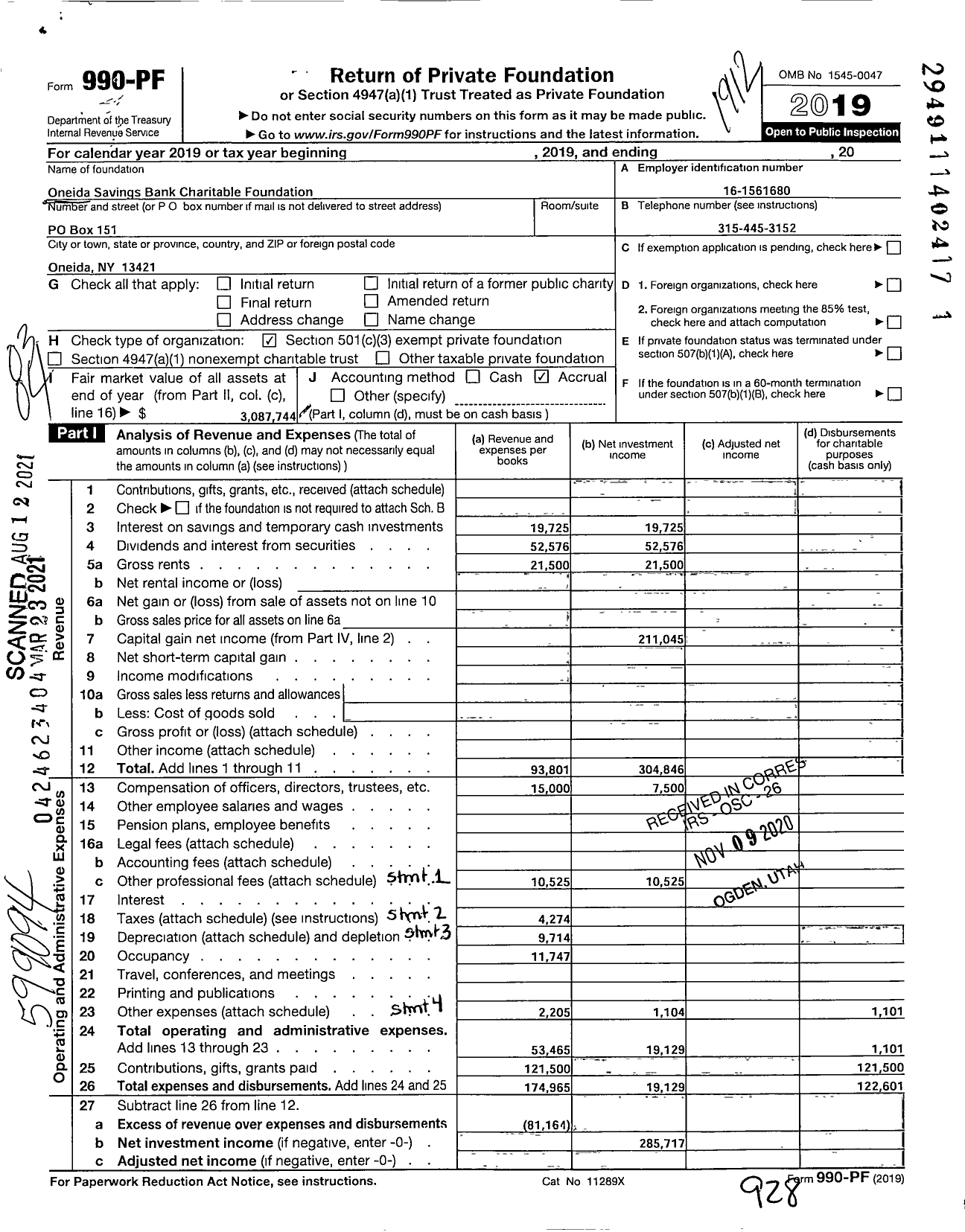 Image of first page of 2019 Form 990PF for Oneida Savings Bank Charitable Foundation