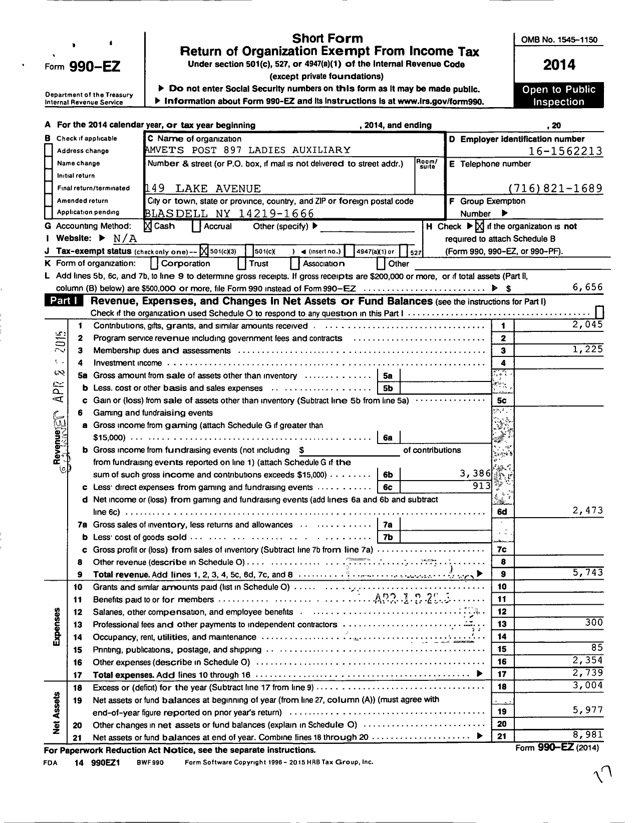 Image of first page of 2014 Form 990EZ for Amvets - 897