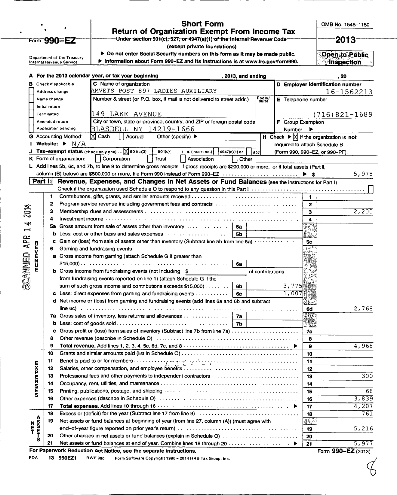 Image of first page of 2013 Form 990EZ for Amvets - 897