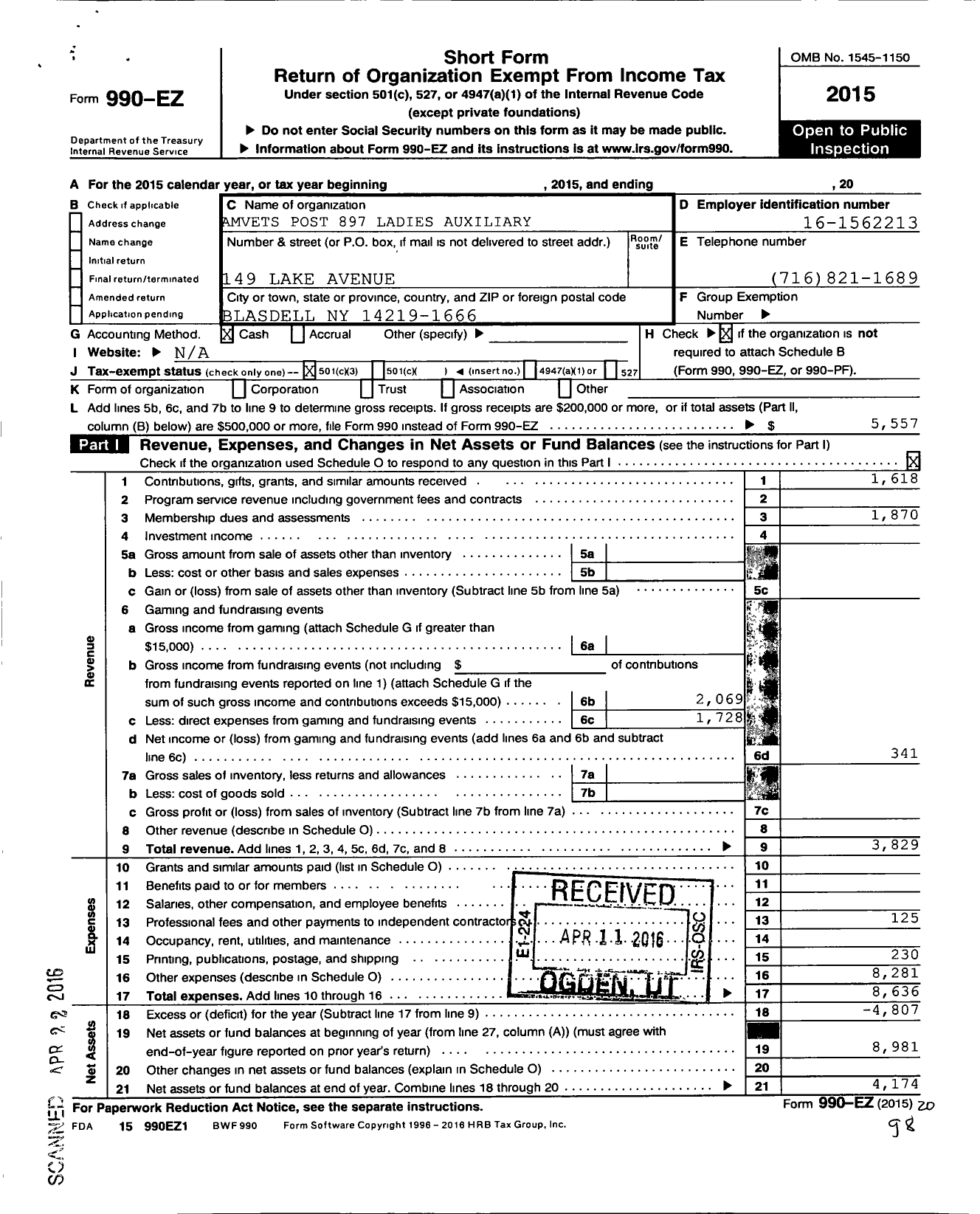 Image of first page of 2015 Form 990EZ for Amvets - 897