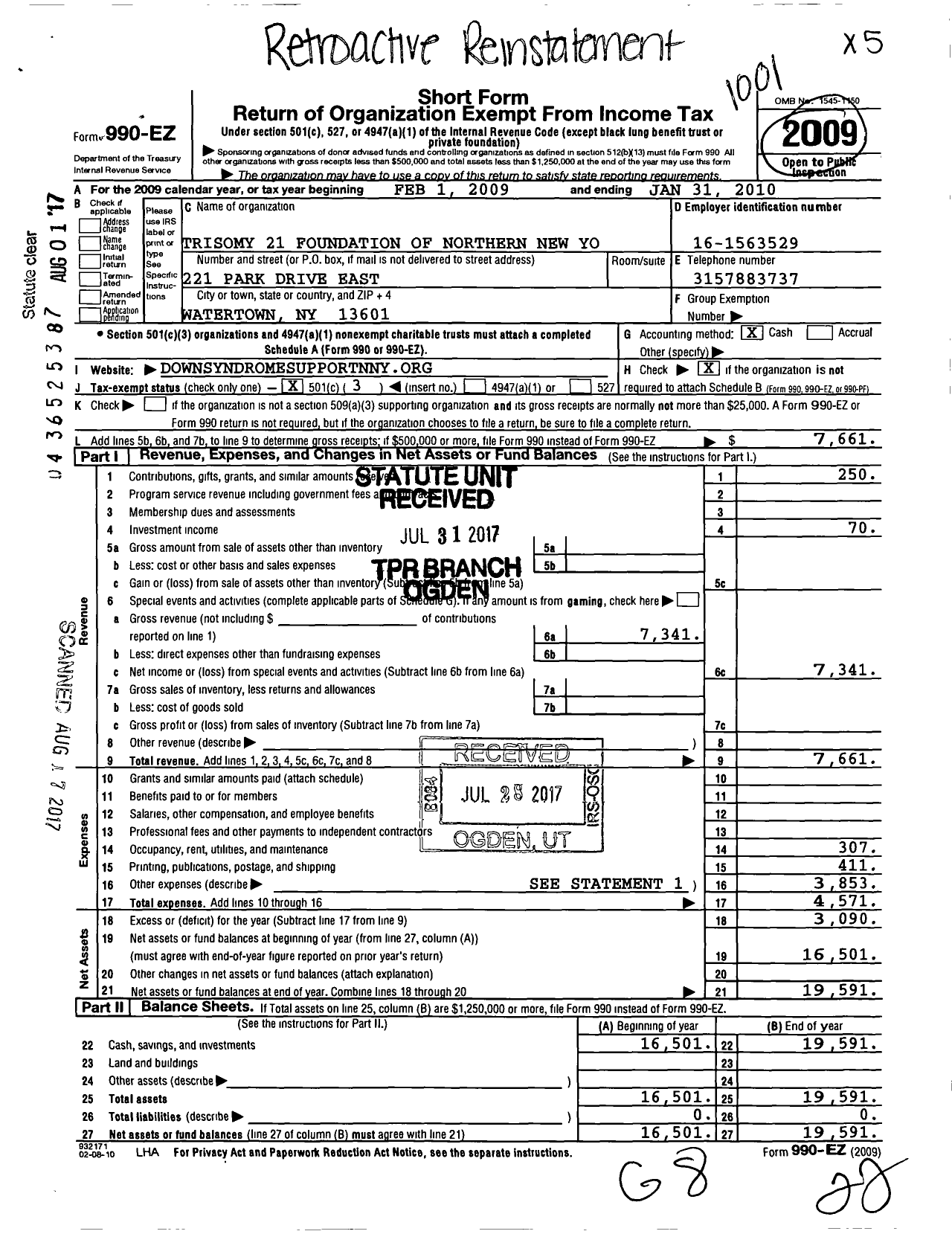 Image of first page of 2009 Form 990EZ for Trisomy 21 Foundation of Northern New York