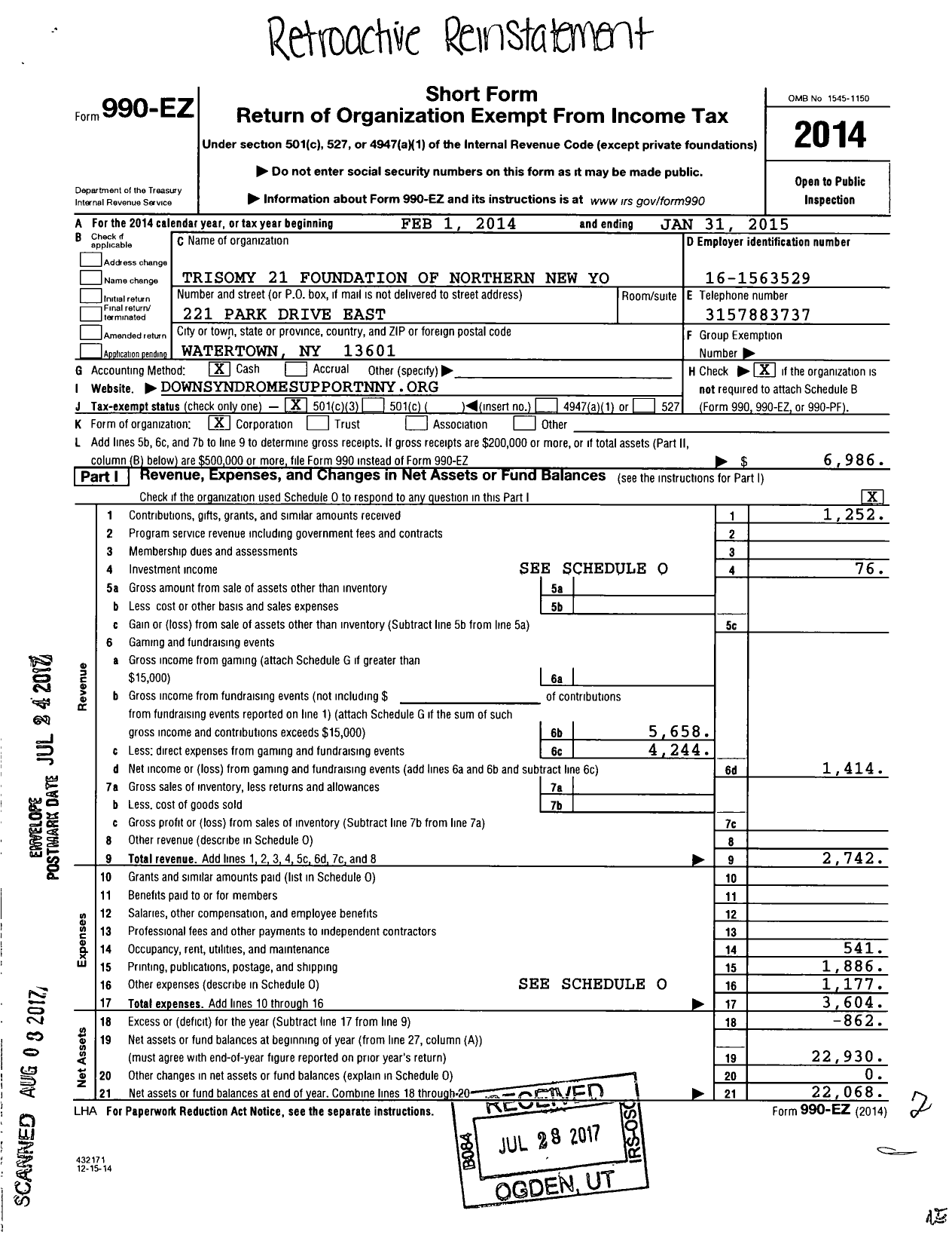 Image of first page of 2014 Form 990EZ for Trisomy 21 Foundation of Northern New York