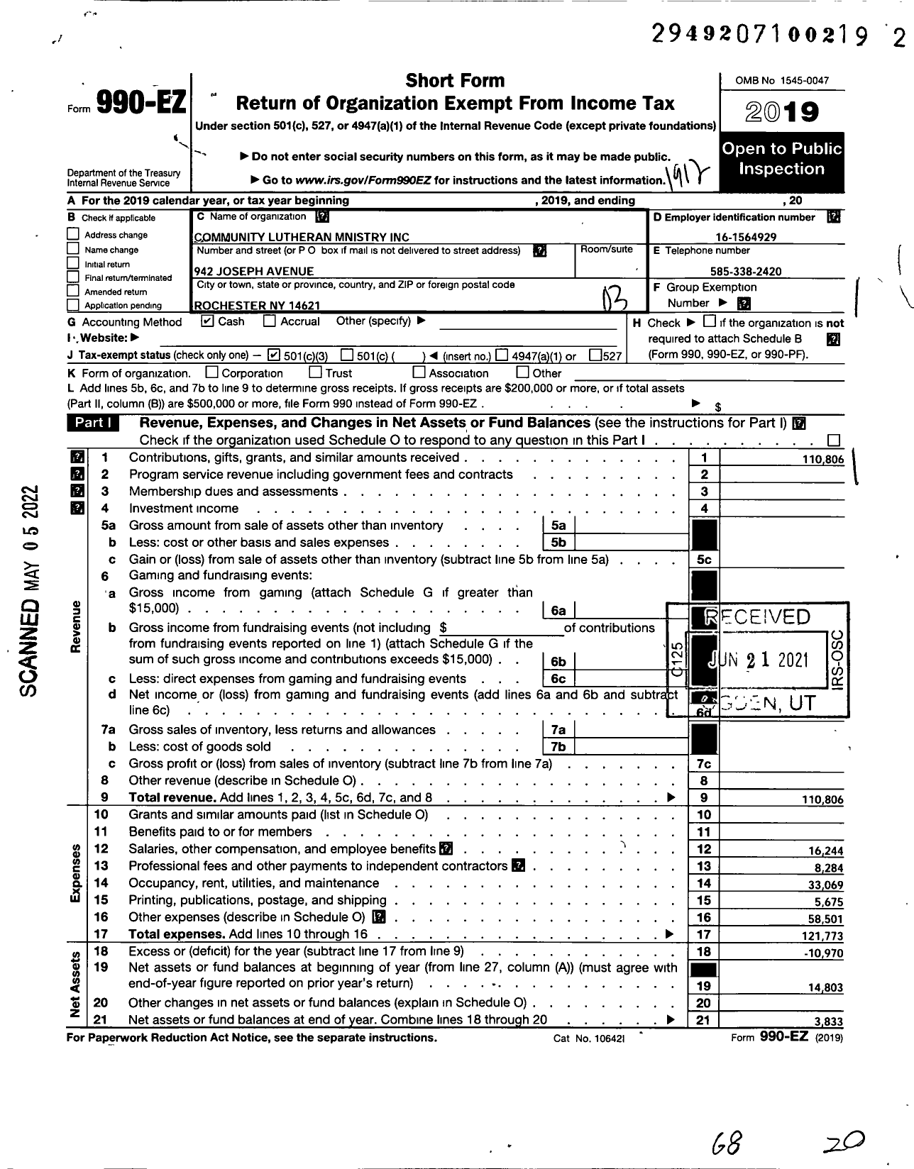 Image of first page of 2019 Form 990EZ for Community Lutheran Mnistry