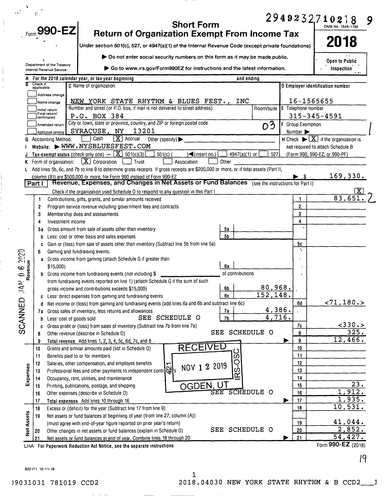 Image of first page of 2018 Form 990EZ for New York State Rhythm and Blues Fest