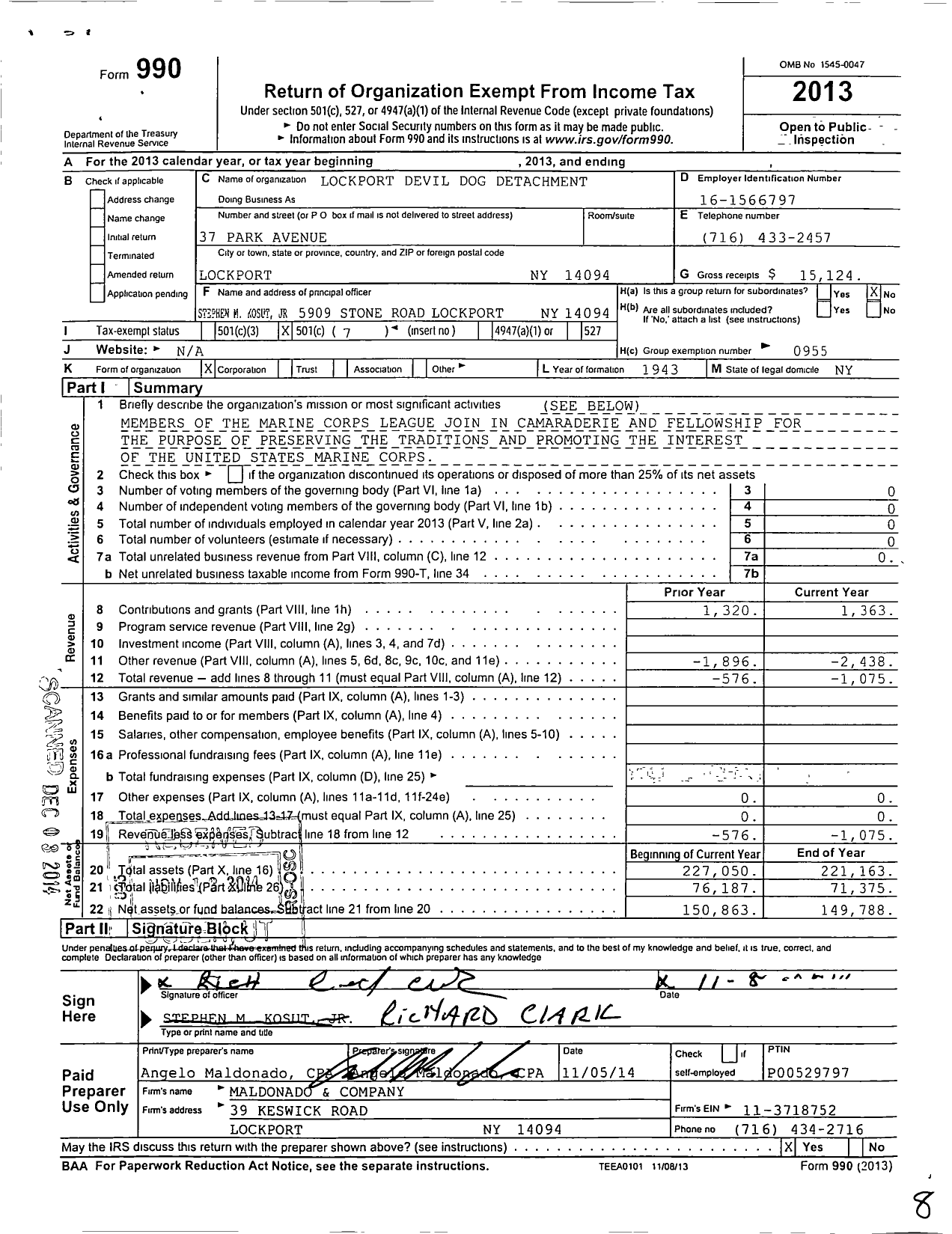 Image of first page of 2013 Form 990O for Marine Corps League - 232 Lockport Devil Dog Detachment