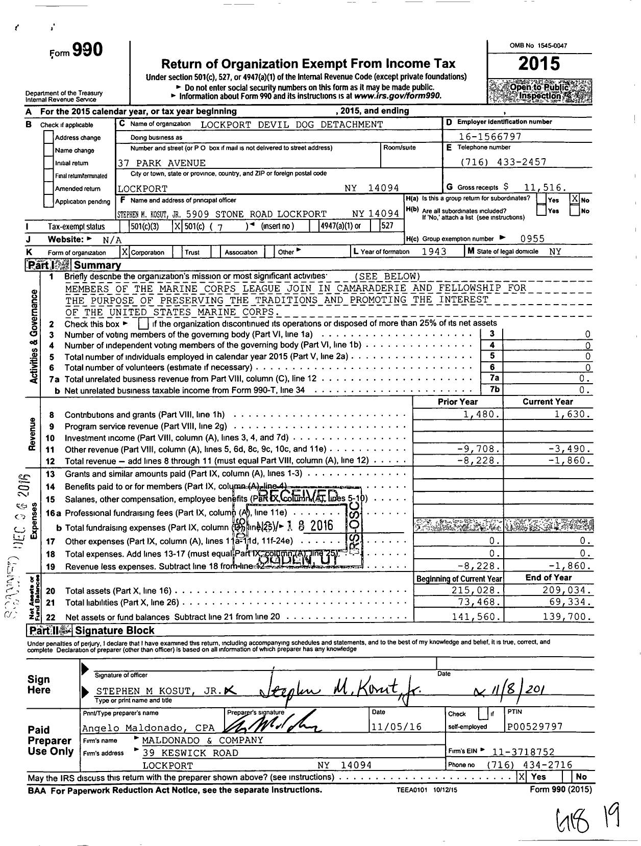 Image of first page of 2015 Form 990O for Marine Corps League - 232 Lockport Devil Dog Detachment