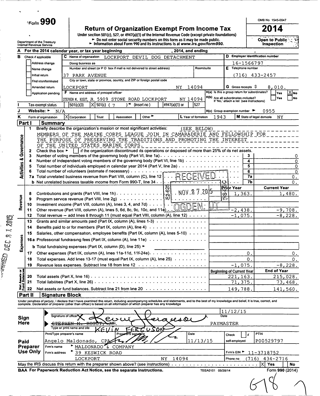 Image of first page of 2014 Form 990O for Marine Corps League - 232 Lockport Devil Dog Detachment