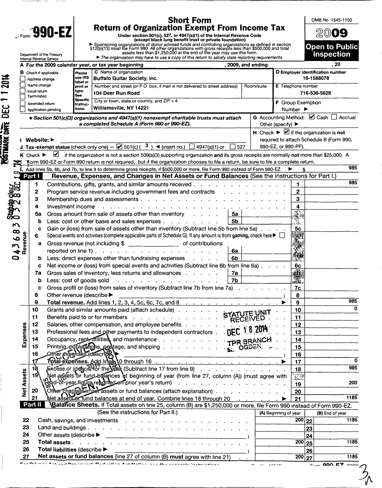 Image of first page of 2009 Form 990EZ for Buffalo Guitar Society