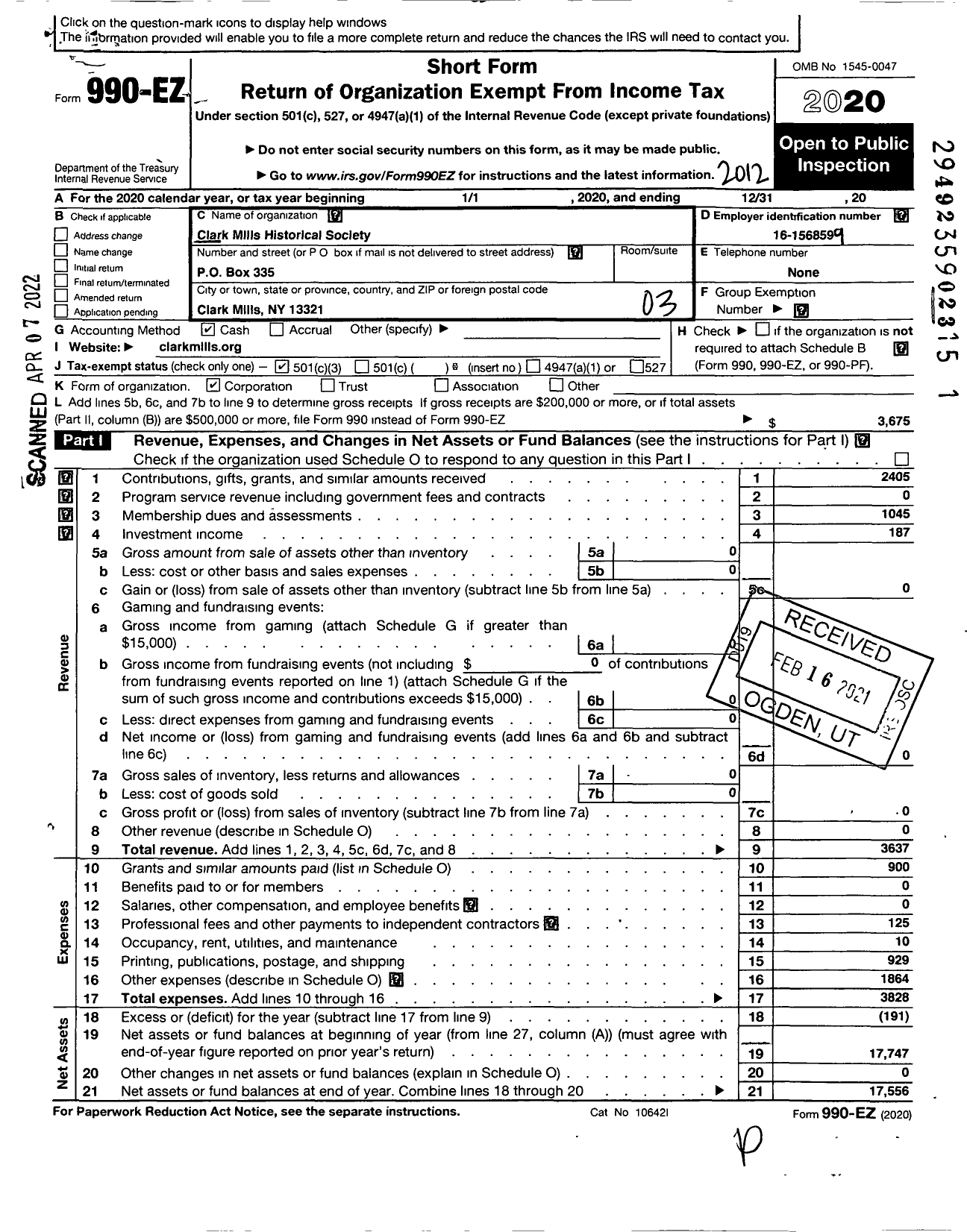 Image of first page of 2020 Form 990EZ for Clark Mills Historical Society