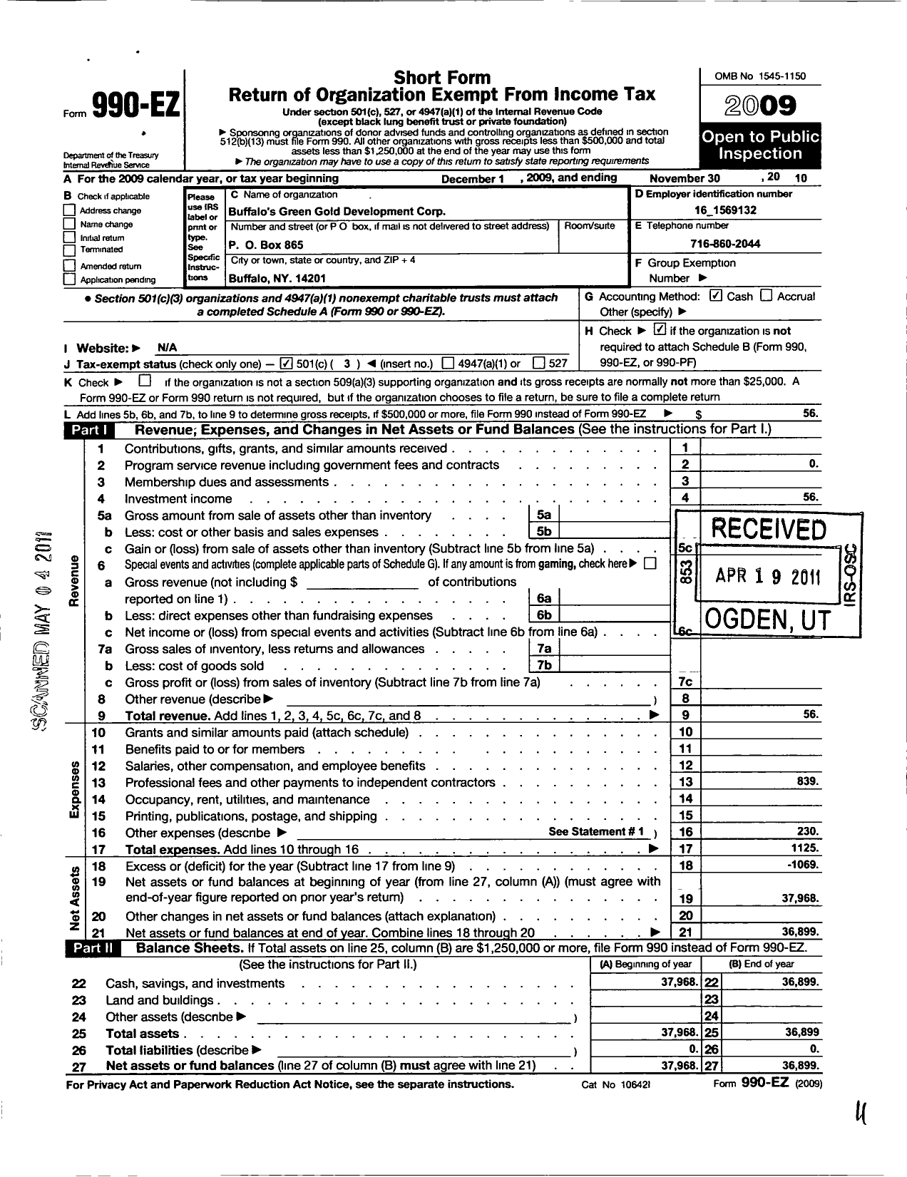 Image of first page of 2009 Form 990EZ for Buffalos Green Gold Development Corporation