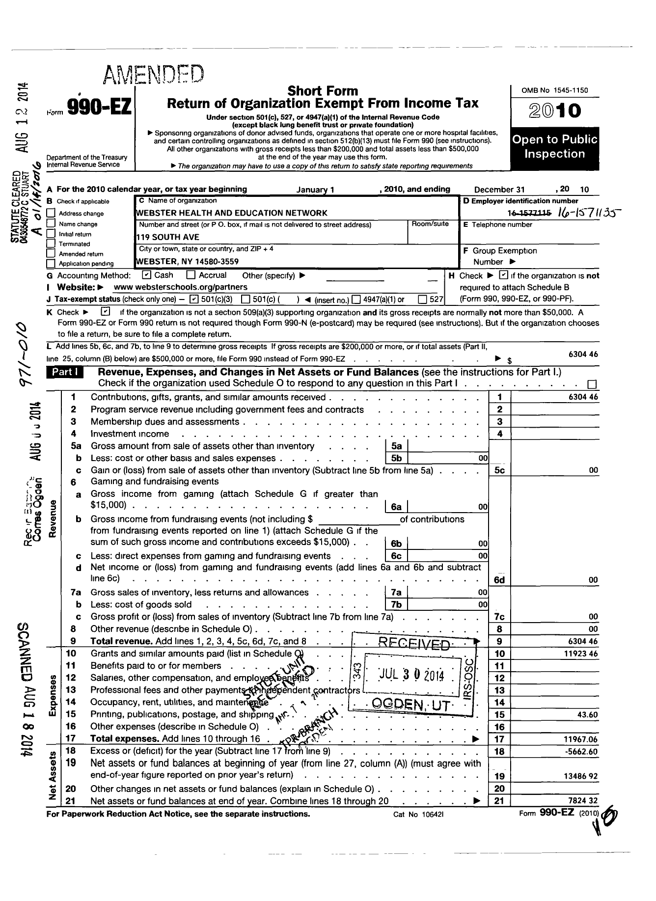 Image of first page of 2010 Form 990EZ for Webster Health and Education Network