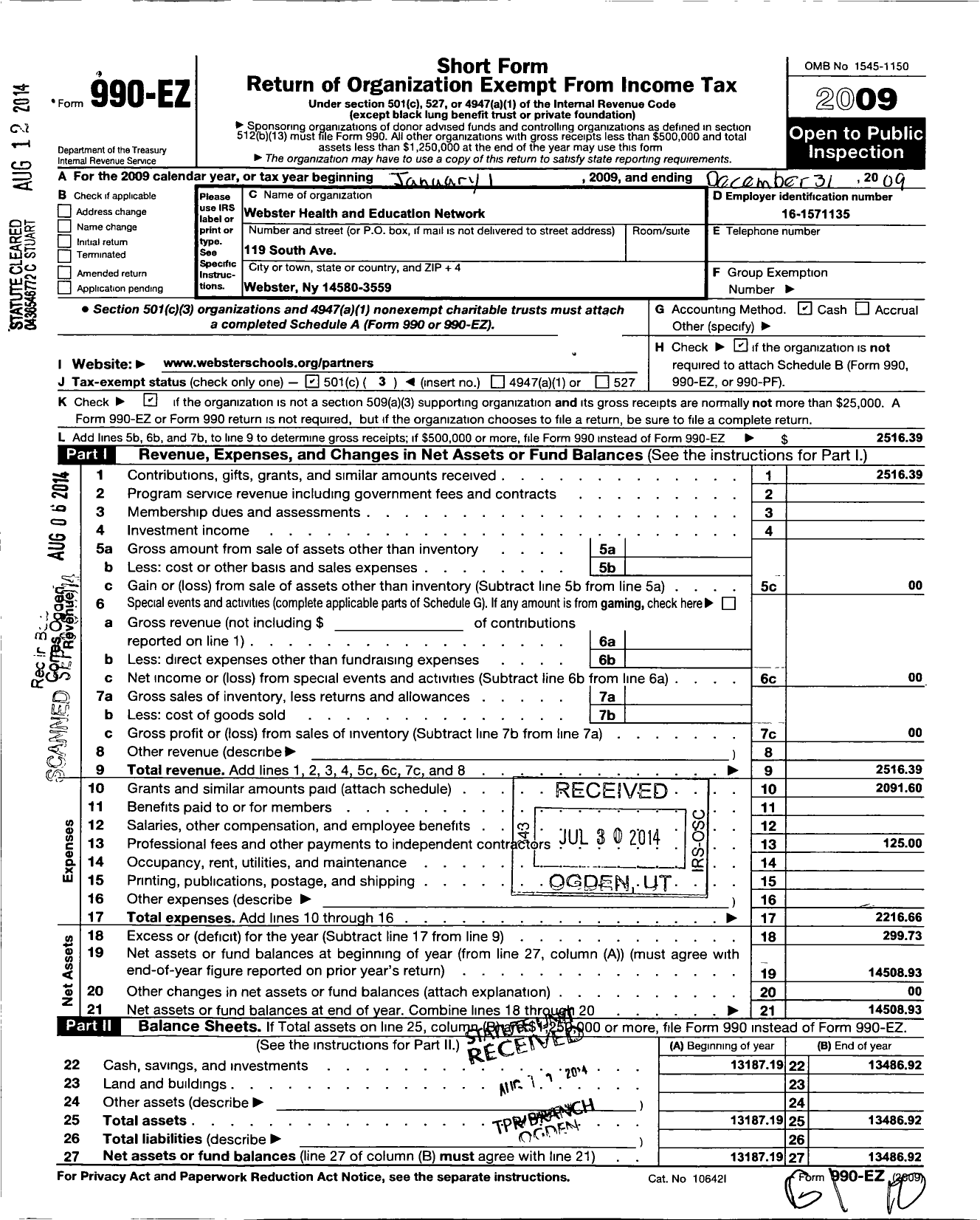 Image of first page of 2009 Form 990EZ for Webster Health and Education Network