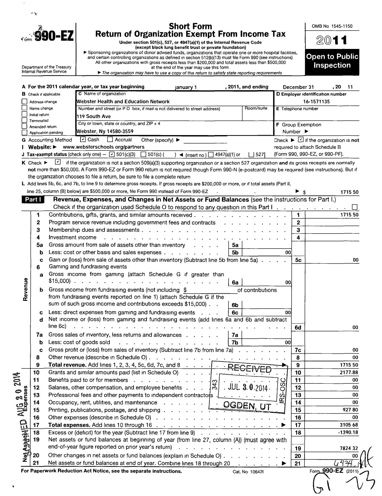 Image of first page of 2011 Form 990EZ for Webster Health and Education Network