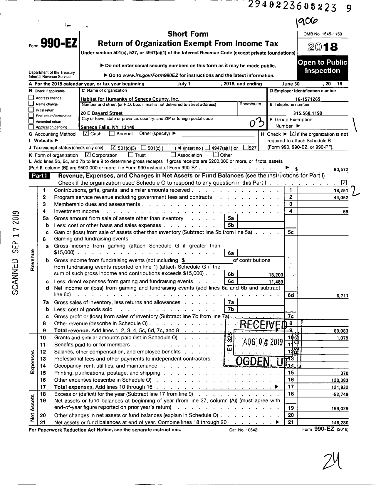 Image of first page of 2018 Form 990EZ for Habitat for Humanity - Seneca County HFH