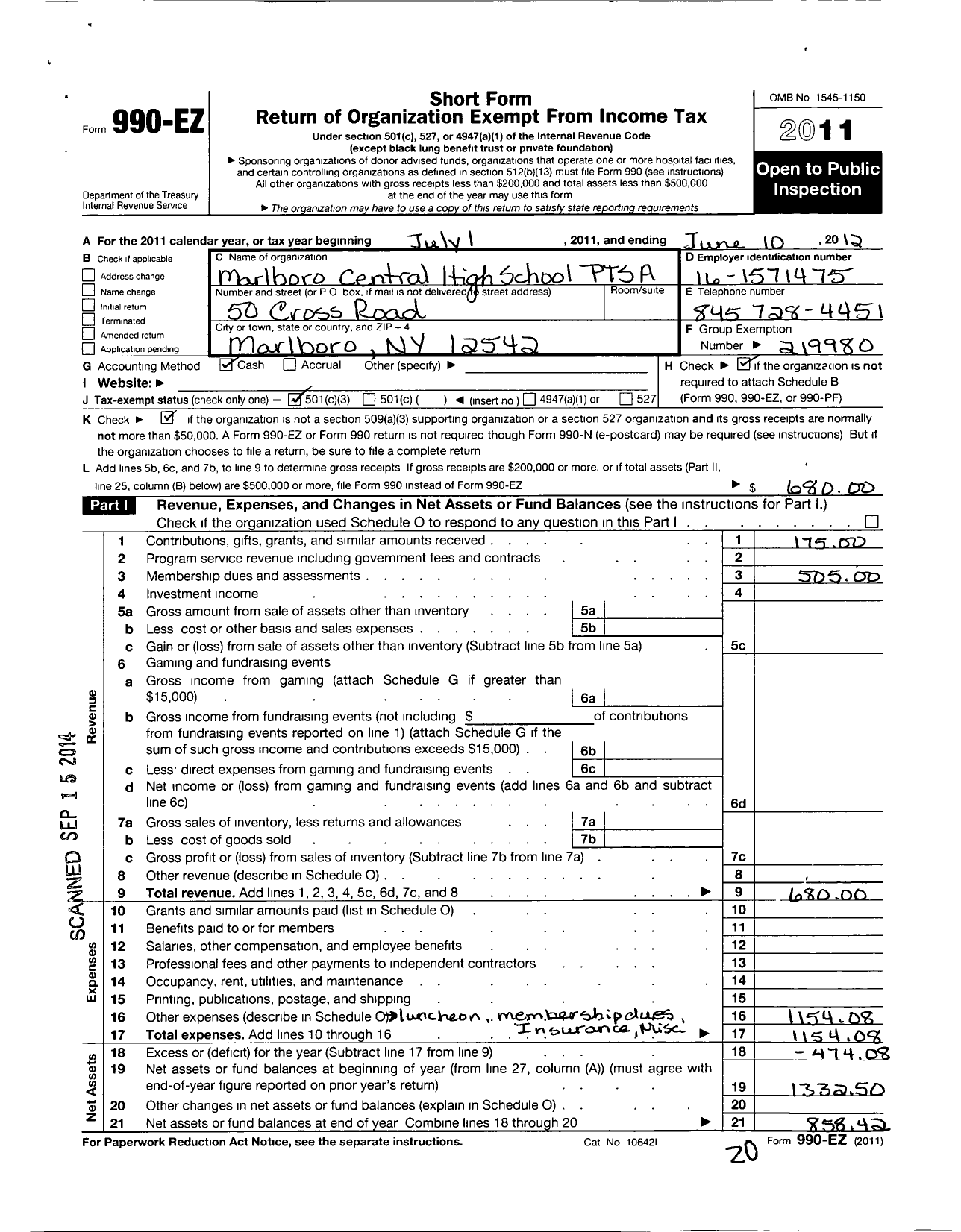 Image of first page of 2011 Form 990EZ for PTA New York Congress / 17 301 Marlboro Central High SCH PT