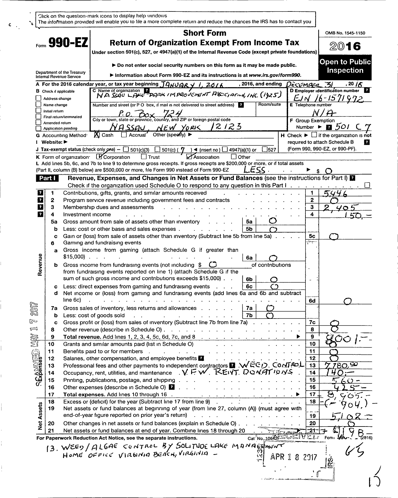 Image of first page of 2016 Form 990EO for Nassau Park Lake Improvement Association