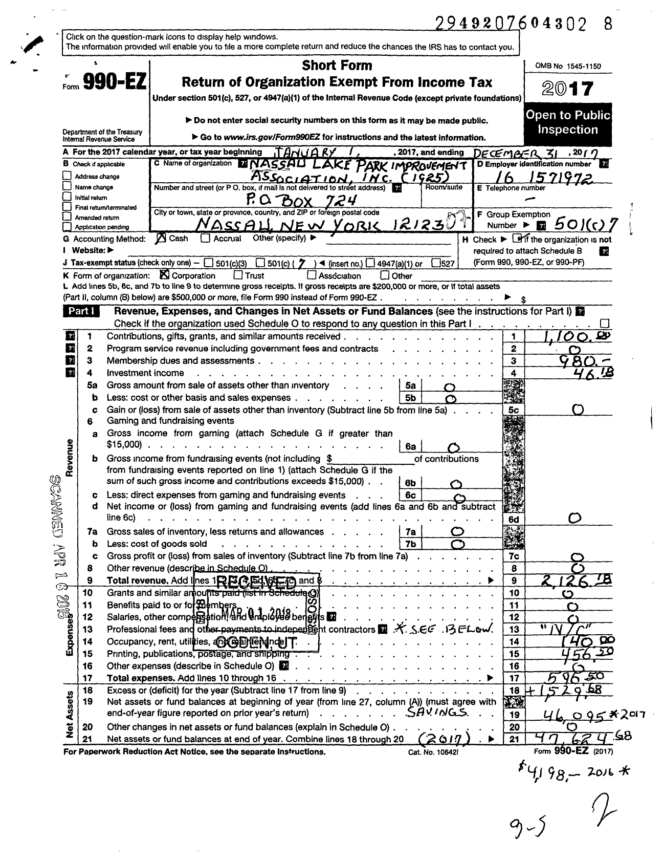 Image of first page of 2017 Form 990EO for Nassau Park Lake Improvement Association