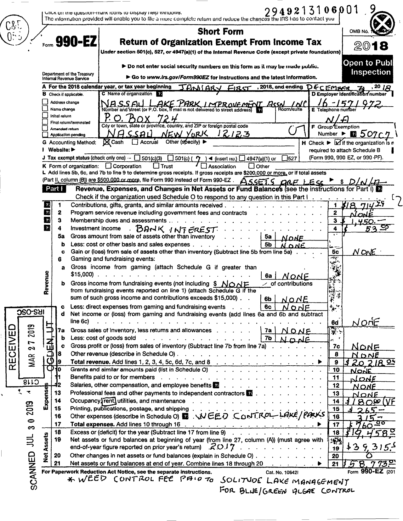 Image of first page of 2018 Form 990EO for Nassau Park Lake Improvement Association