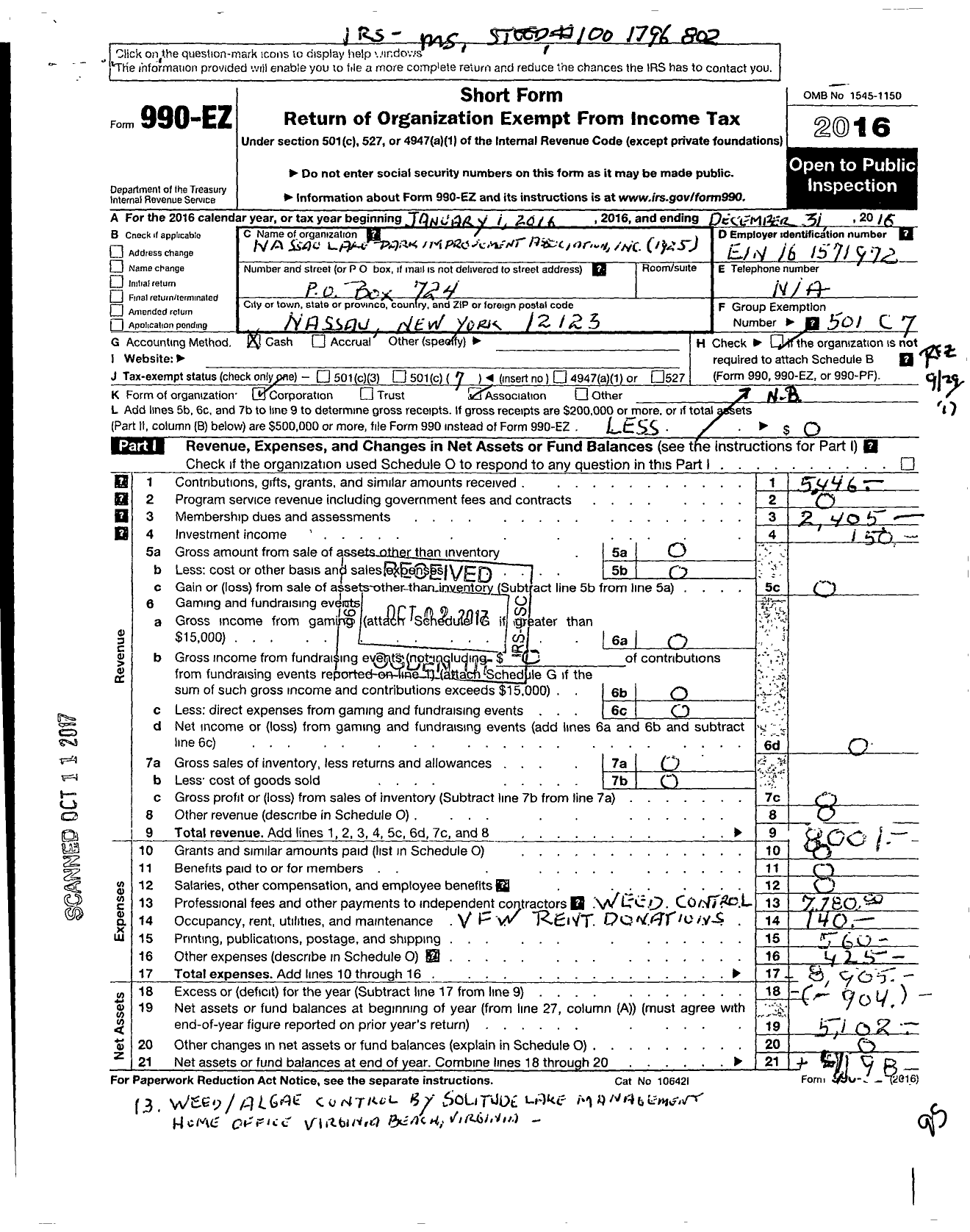 Image of first page of 2016 Form 990EO for Nassau Park Lake Improvement Association