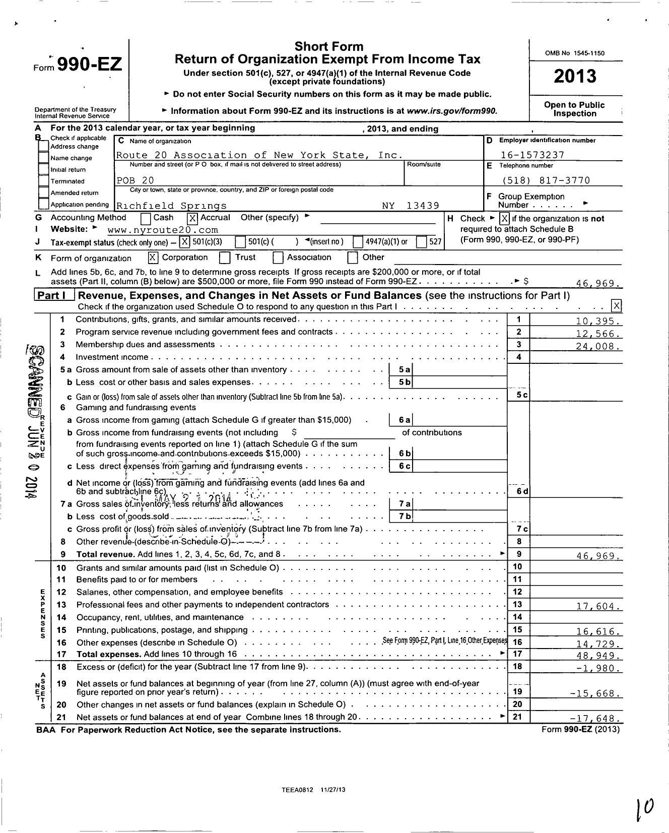 Image of first page of 2013 Form 990EZ for Route 20 Association of New York State