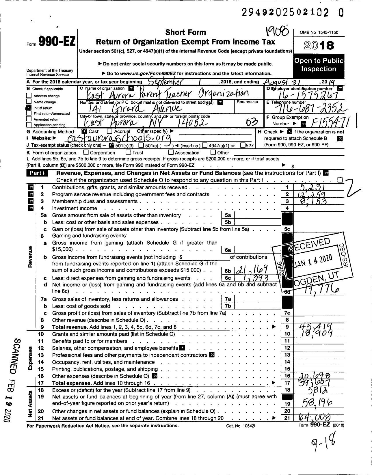 Image of first page of 2018 Form 990EZ for East Aurora Parent Teacher Organization