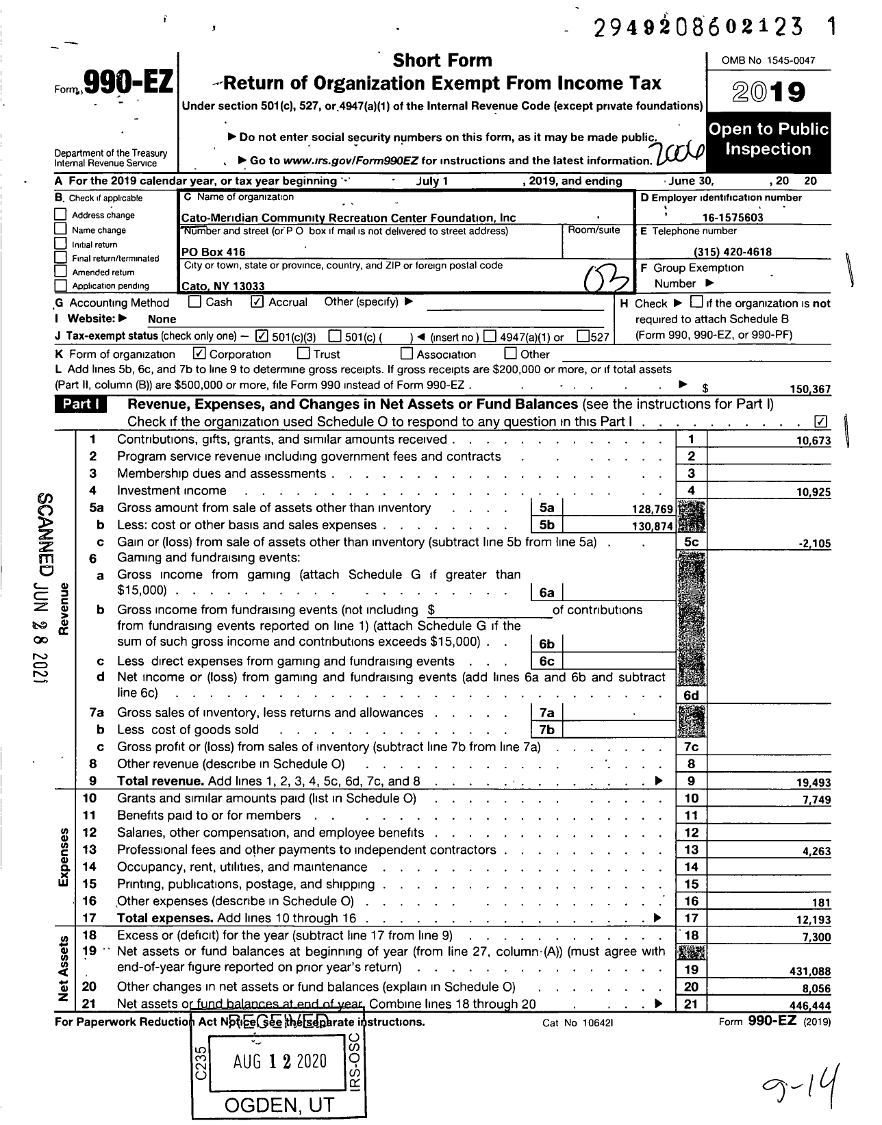 Image of first page of 2019 Form 990EZ for Cato-Meridian Community Recreation Center Foundation