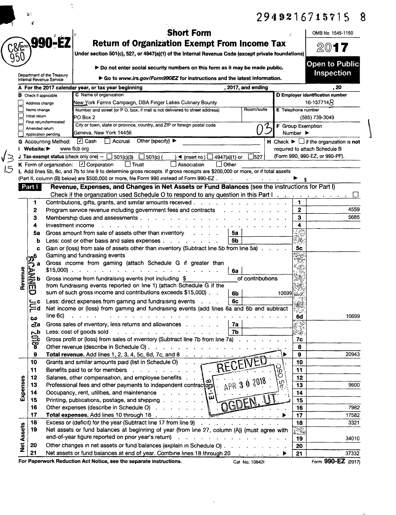 Image of first page of 2017 Form 990EZ for New York Farms Campaign