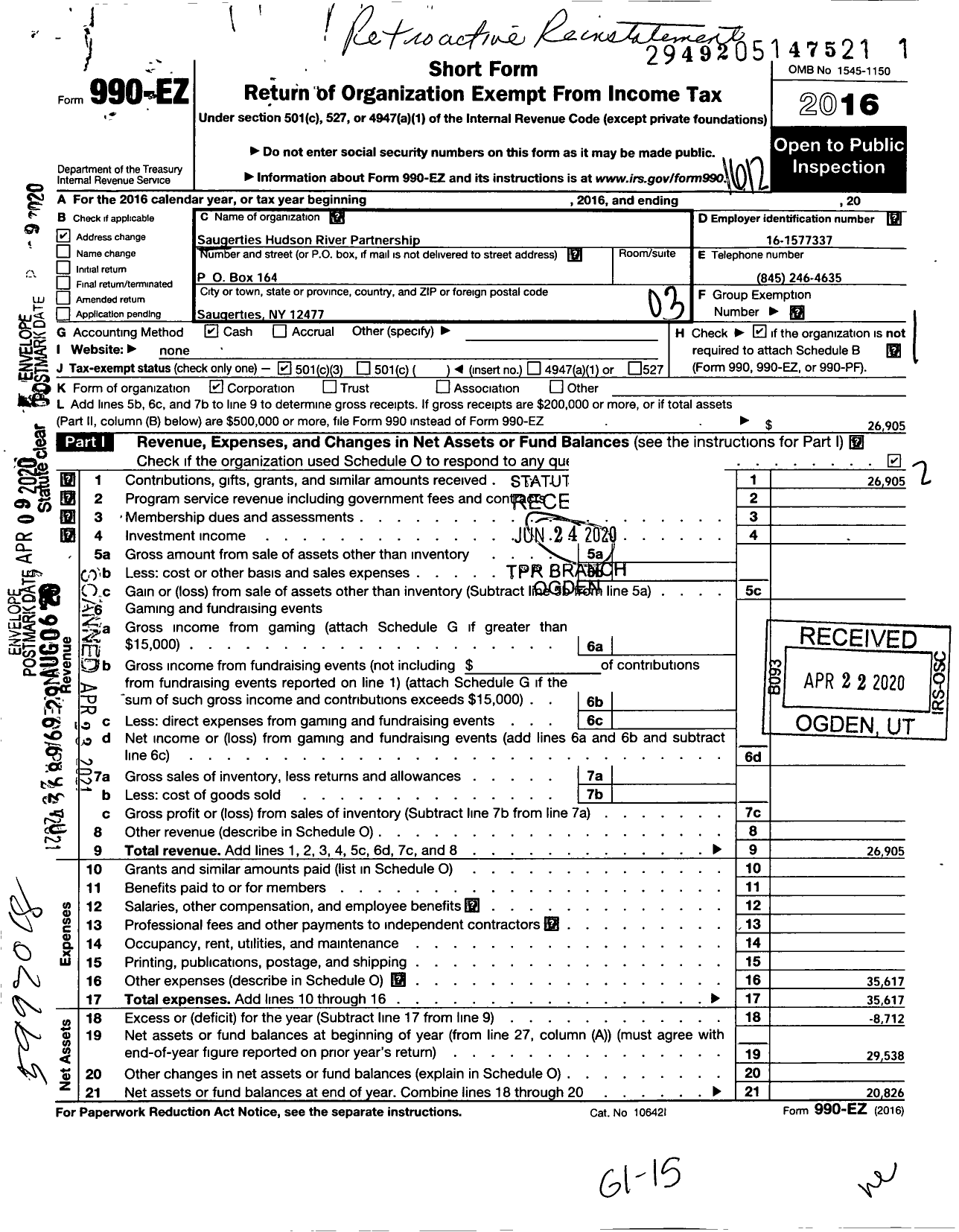 Image of first page of 2016 Form 990EZ for Saugerties Hudson River Partnership