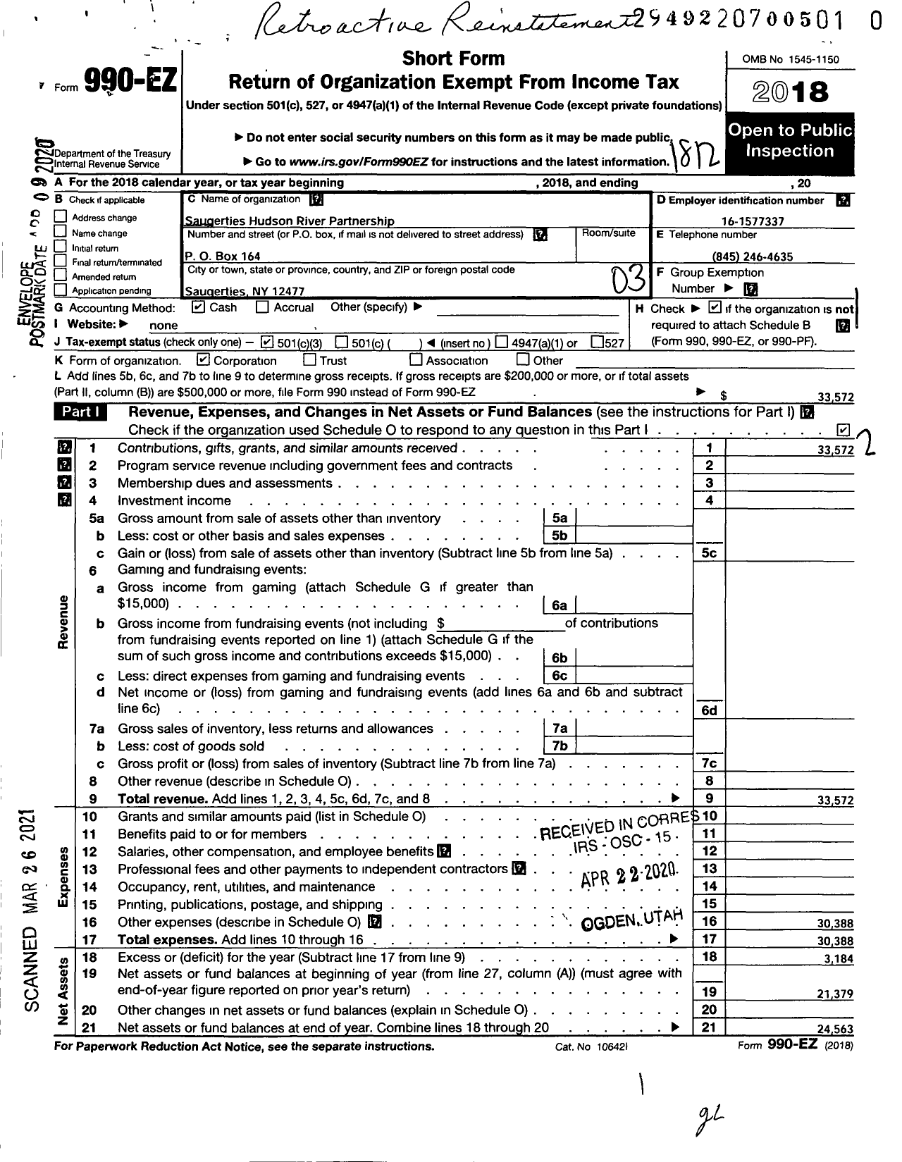 Image of first page of 2018 Form 990EZ for Saugerties Hudson River Partnership