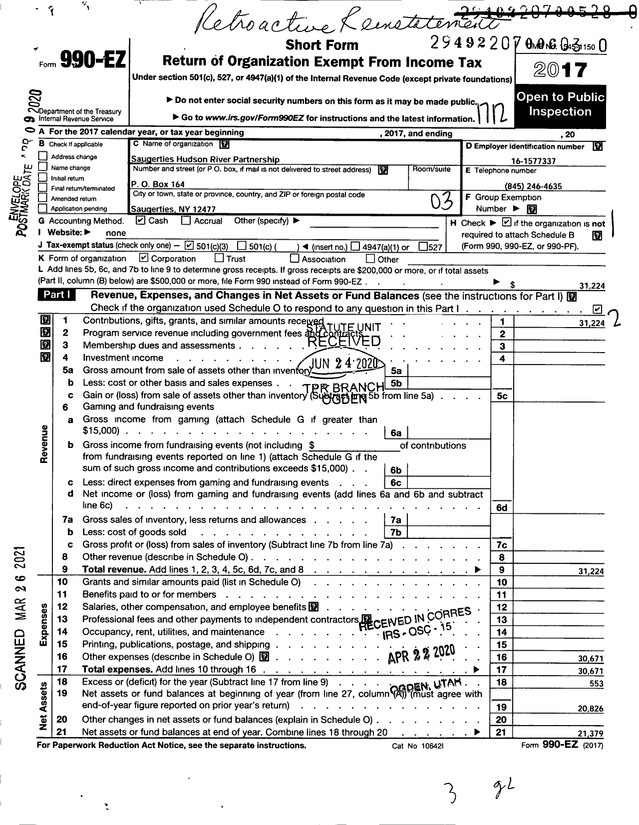 Image of first page of 2017 Form 990EZ for Saugerties Hudson River Partnership