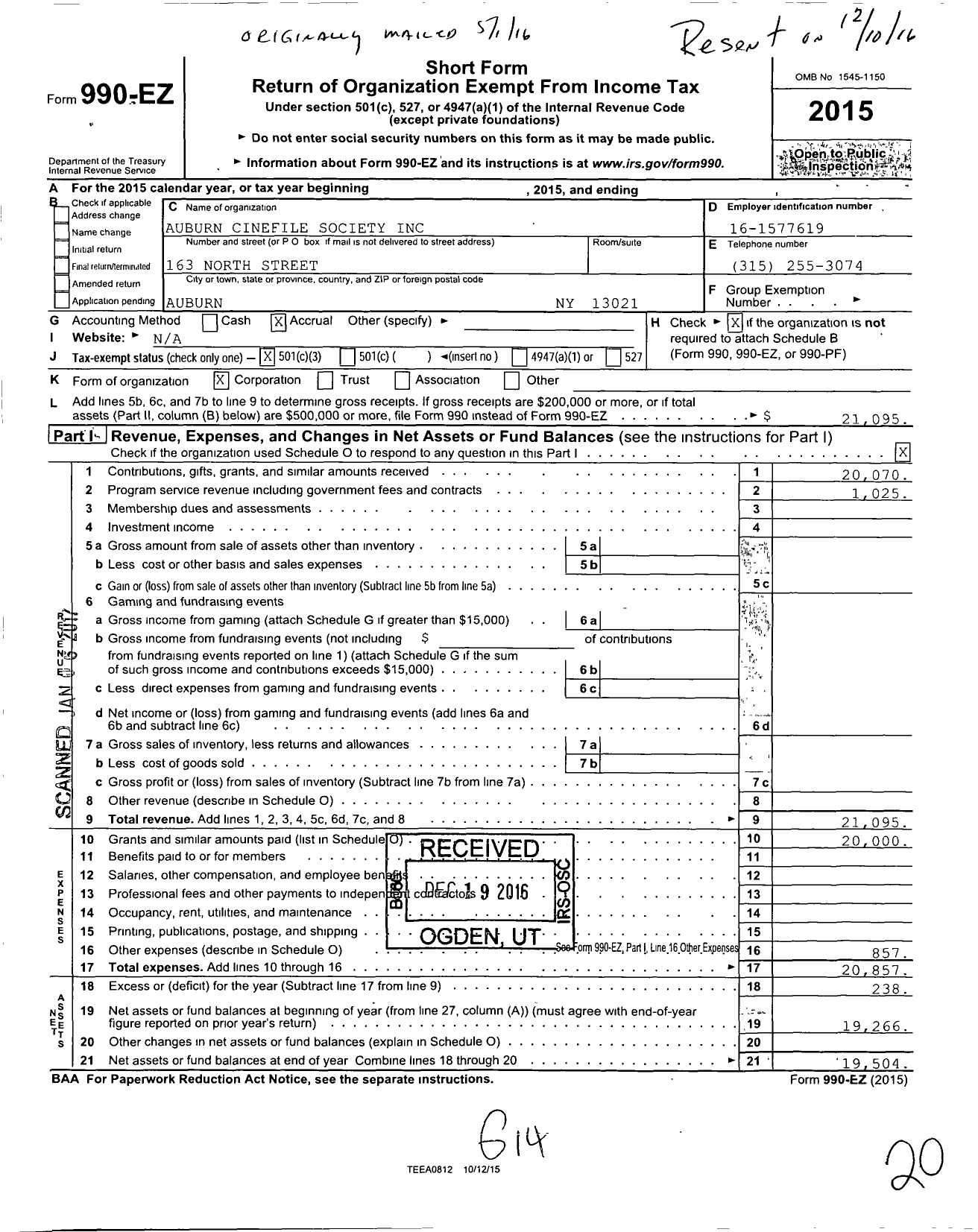 Image of first page of 2015 Form 990EZ for Auburn Cinefile Society