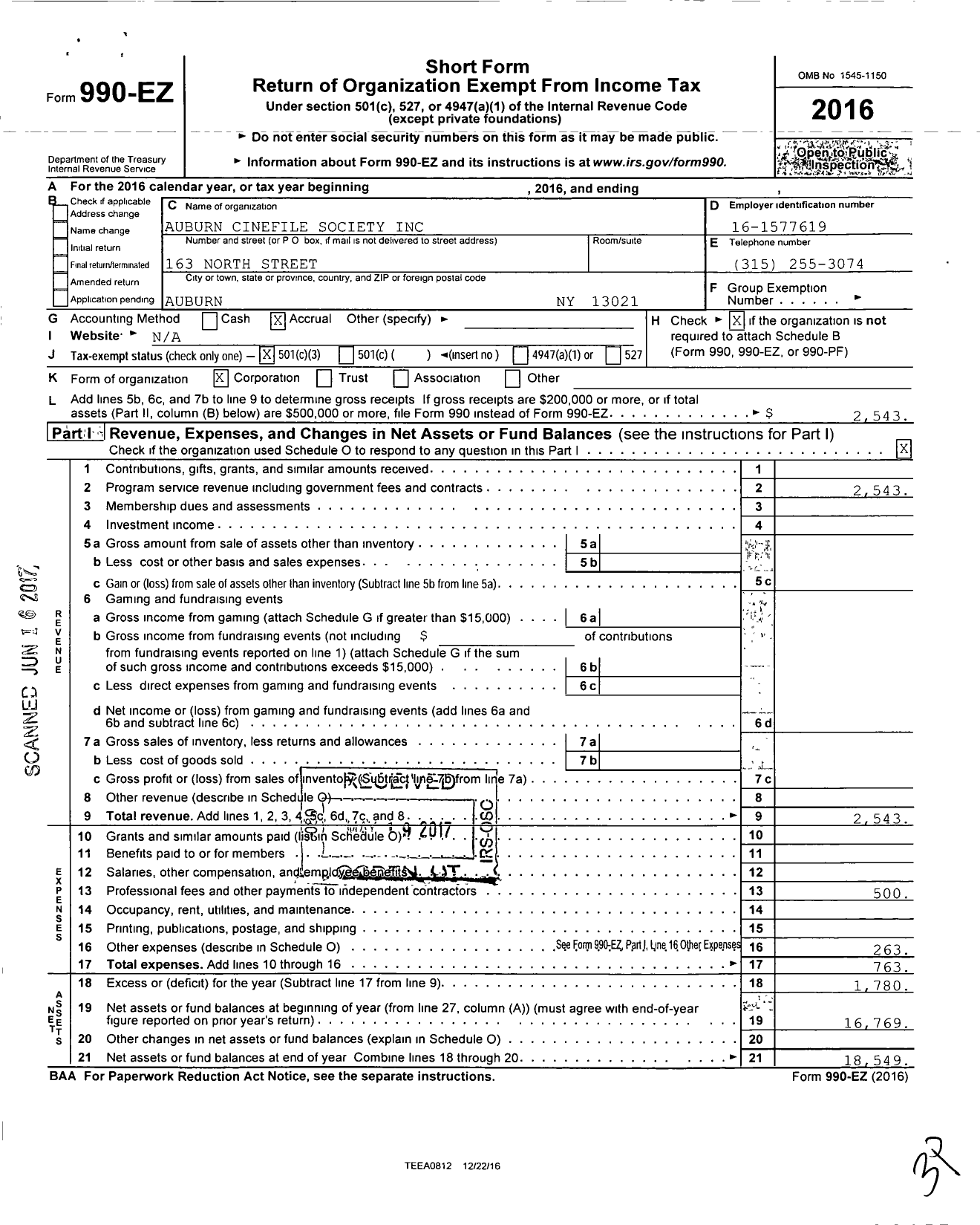 Image of first page of 2016 Form 990EZ for Auburn Cinefile Society